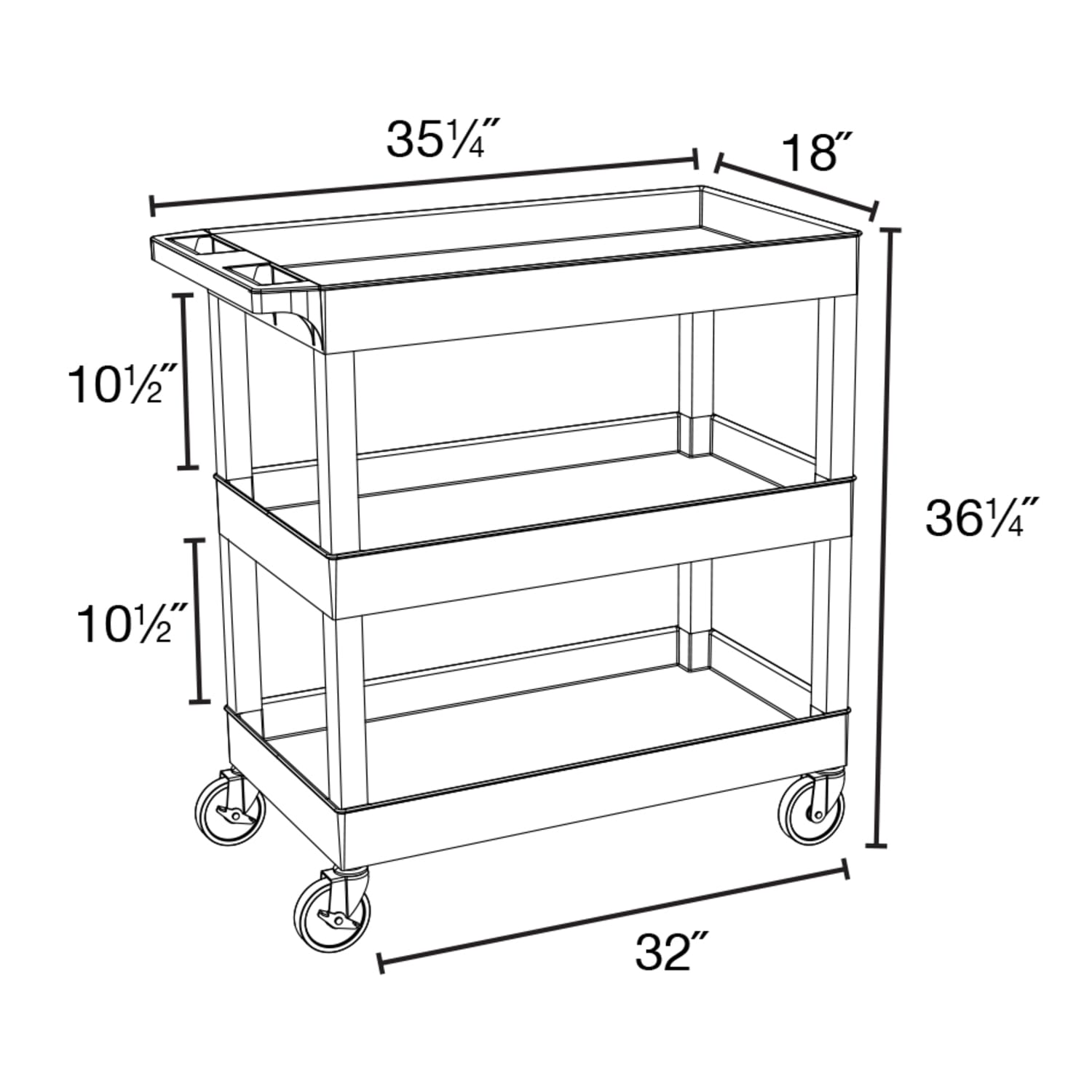 Luxor E-Series 3-Tub Plastic Utility Cart, 36 1/4inH x 35 1/4inW x 18inD, Black - Image 3