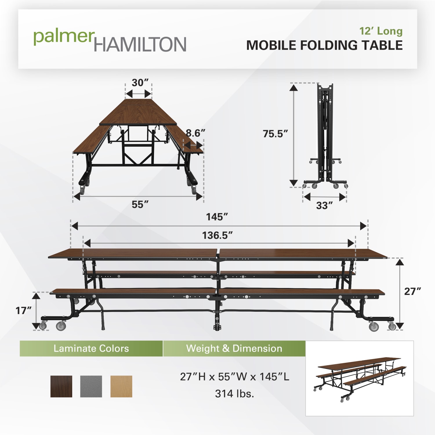 Palmer Hamilton 19F Mobile Cafeteria Bench Table, 27in x 145in, Montana Walnut - Image 4