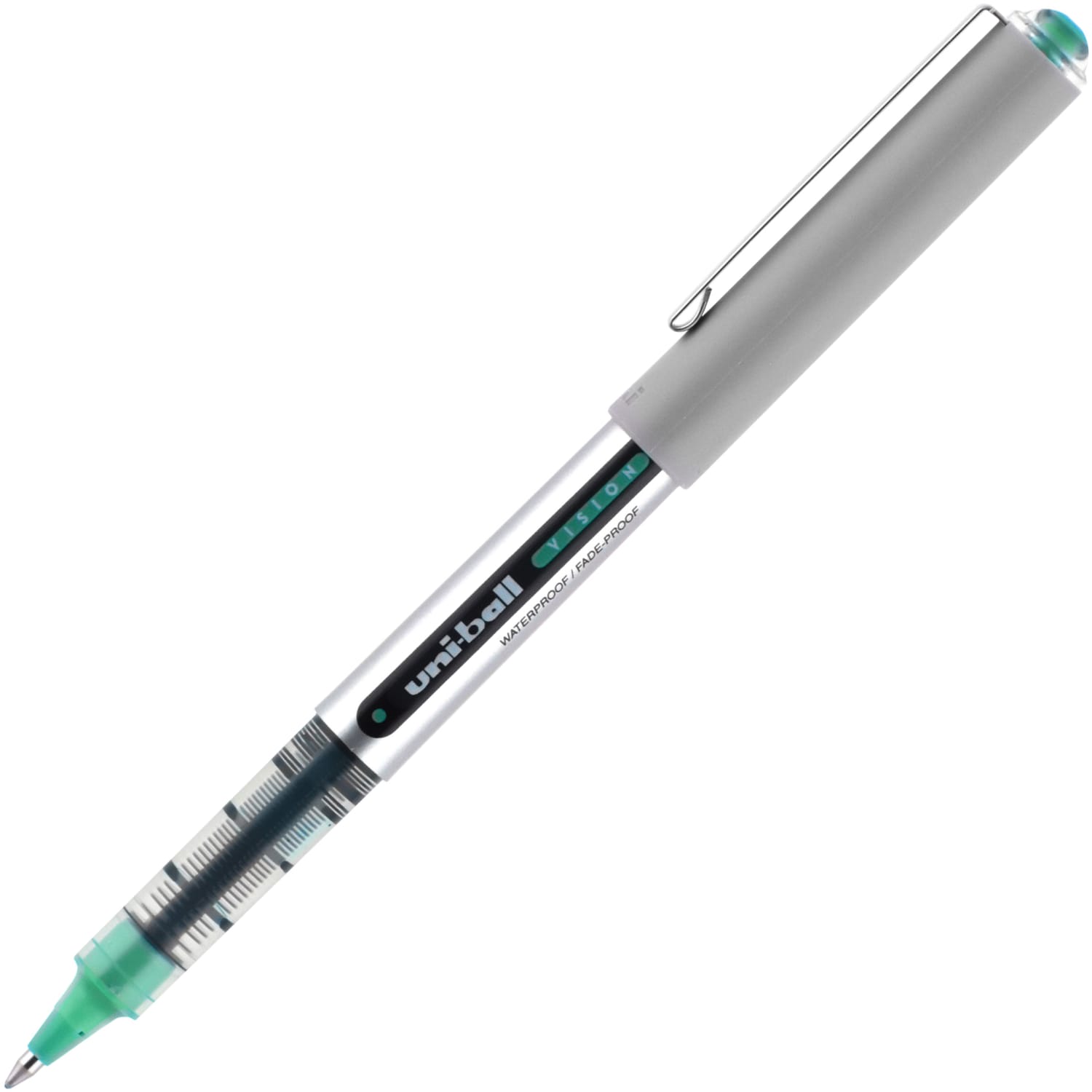 Uni-Ball Vision Rollerball Pens, Pack Of 12, Fine Point, 0.7 mm, Silver Barrel, Green Ink - Image 4