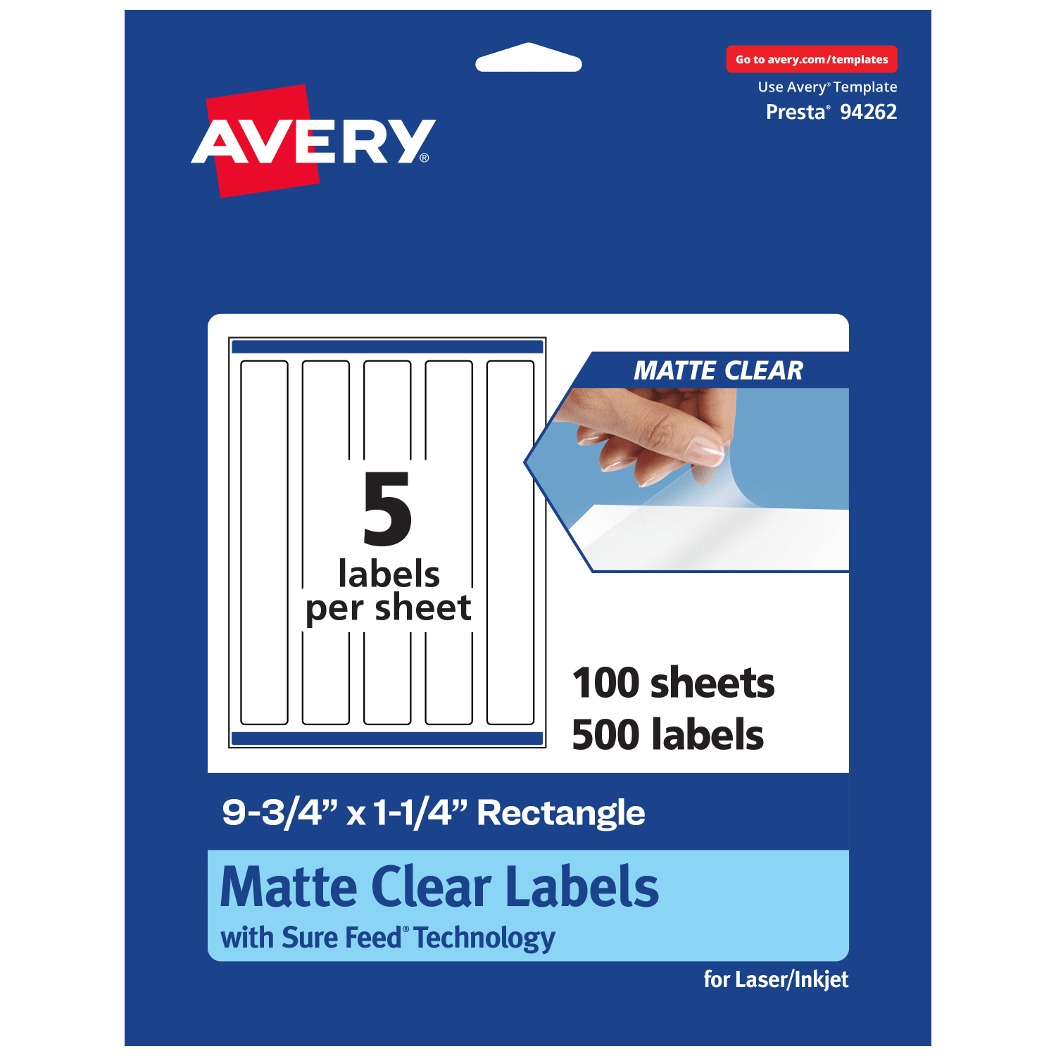 Avery Permanent Labels With Sure Feed, 94262-CMF100, Rectangle, 9-3/4in x 1-1/4in, Matte Clear, Pack Of 500