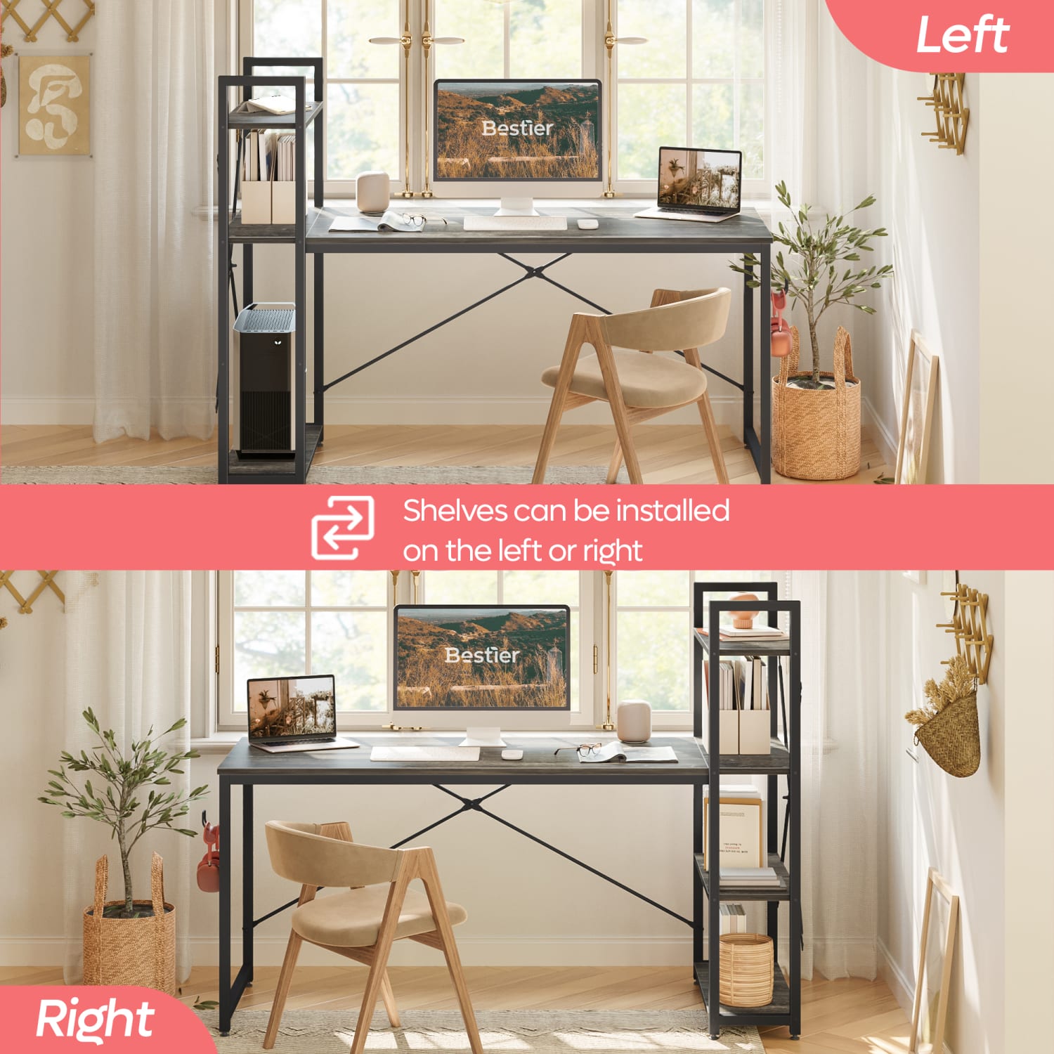 Bestier Modern Office Desk With Storage Shelf & Headset Hook, 63inW, Retro Gray Oak Dark - Image 4