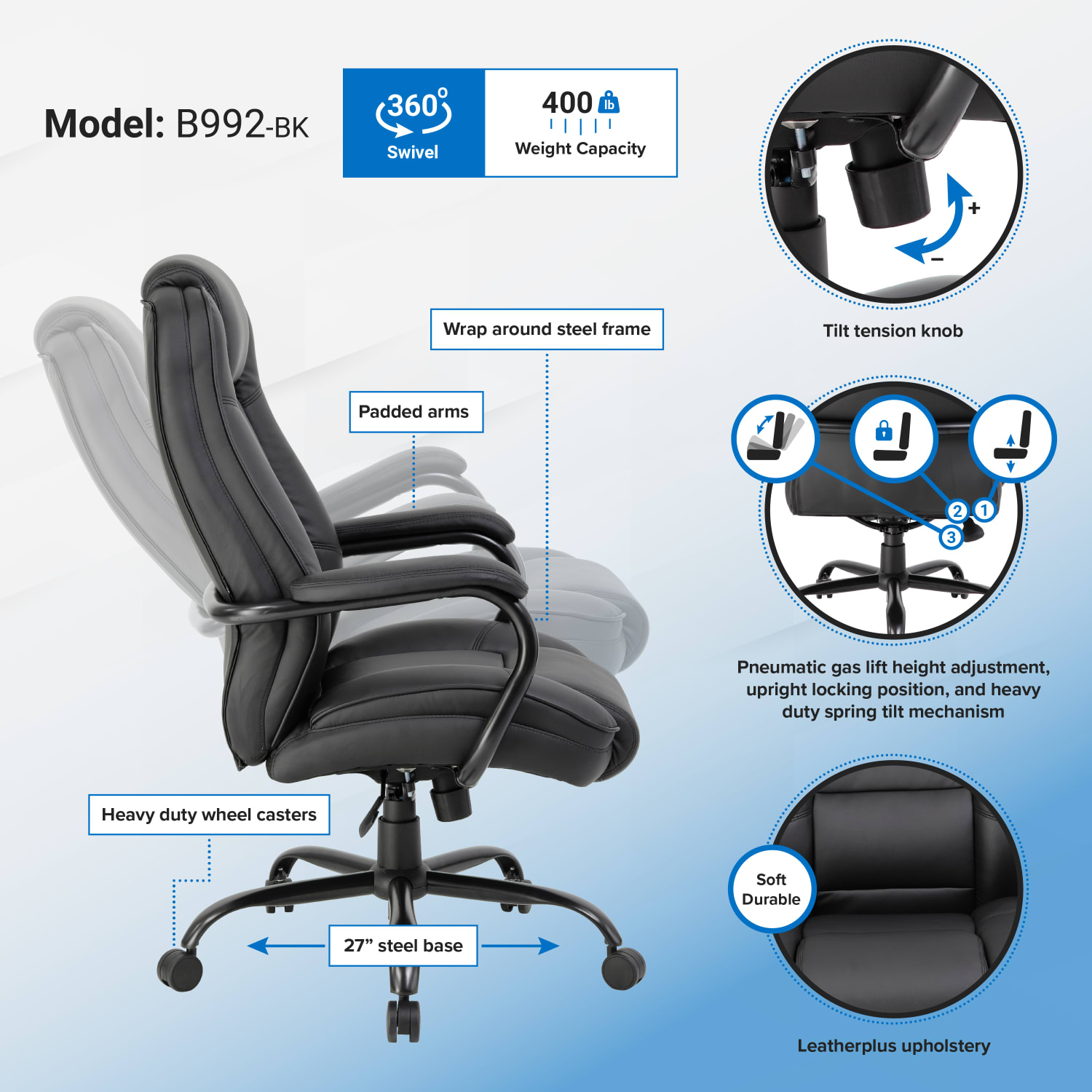 Boss Office Products Heavy-Duty Ergonomic LeatherPlus Bonded Leather High-Back Chair, Black - Image 8