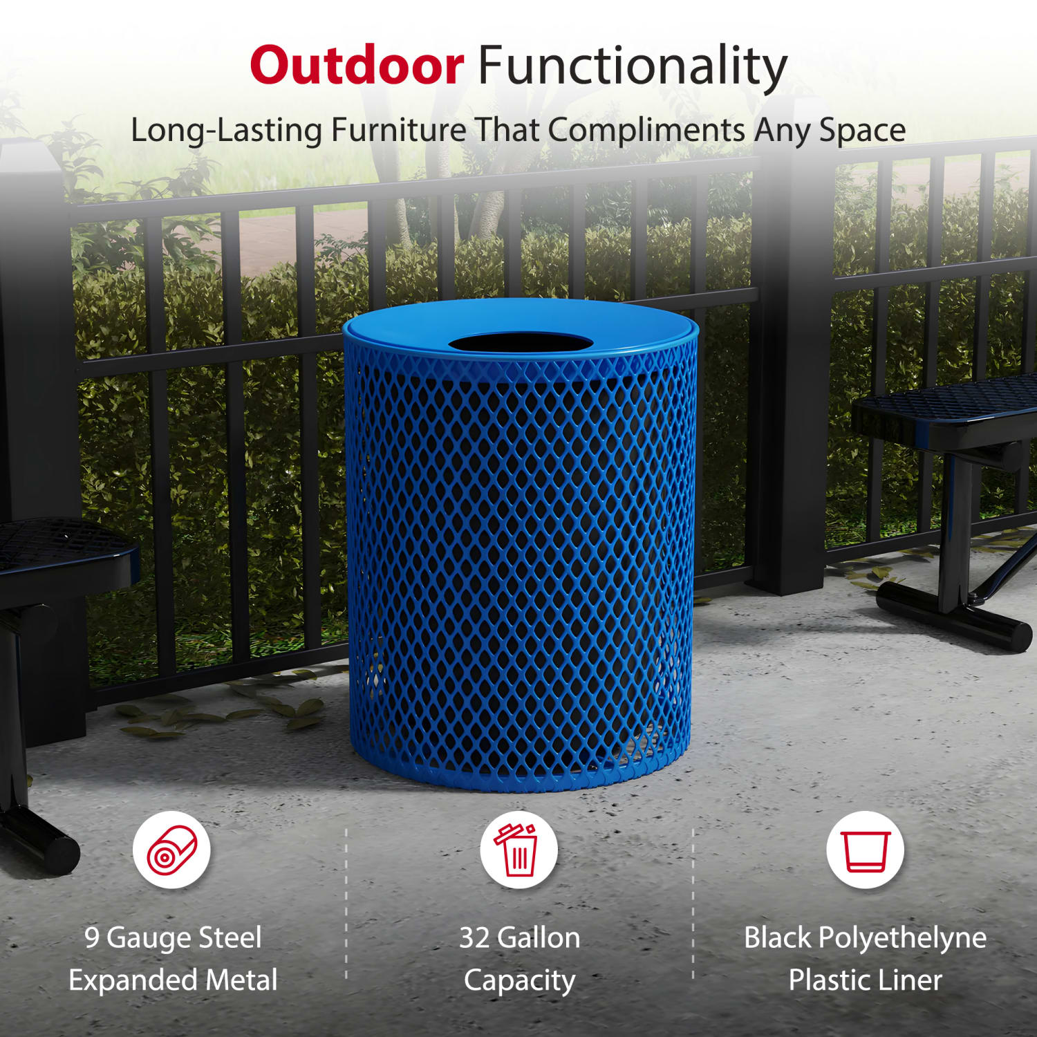 Leisure Craft Expanded Metal Outdoor Receptacle, 32-Gallon, Blue - Image 4