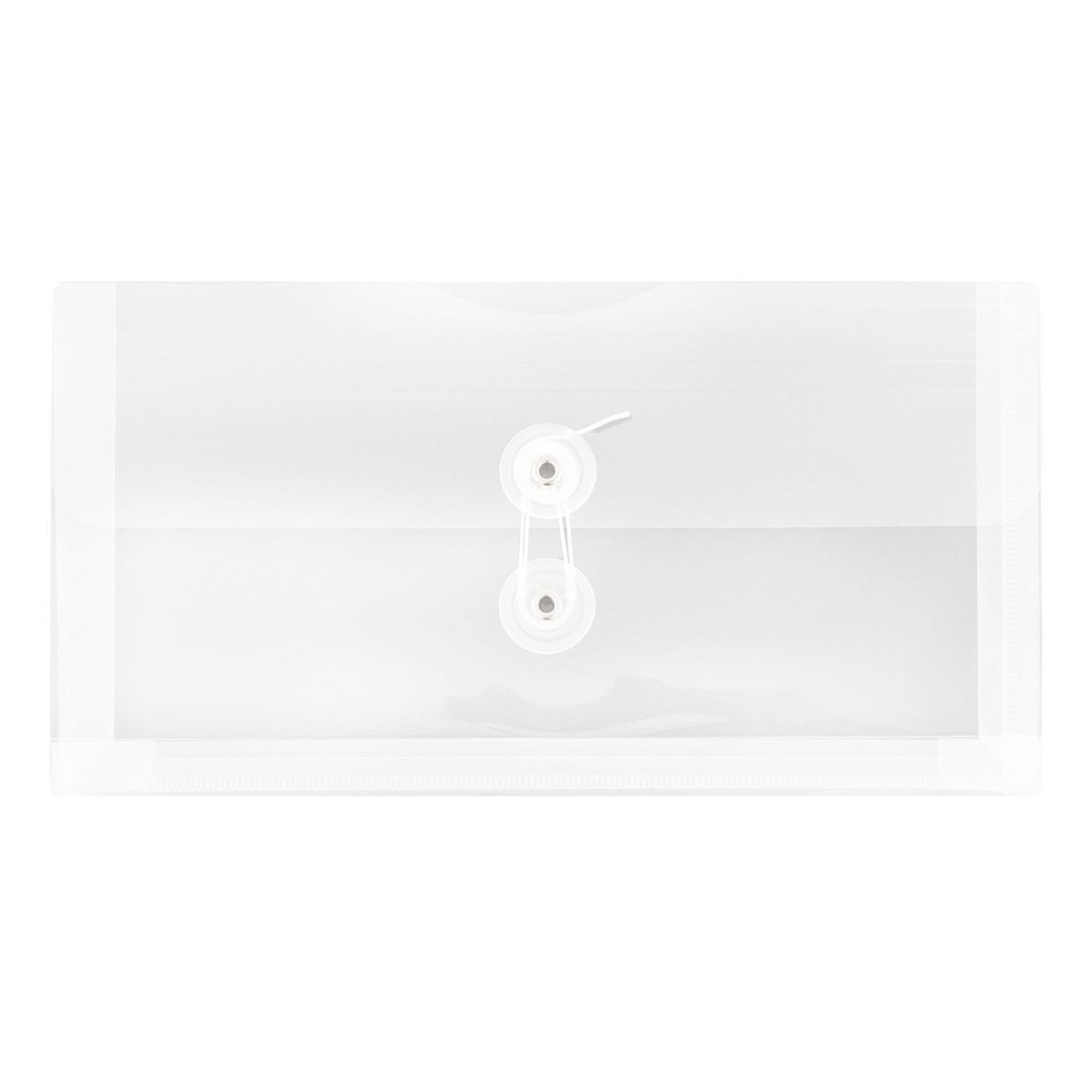 JAM Paper Booklet Plastic Envelopes, #10, Button & String Closure, Clear, Pack Of 12