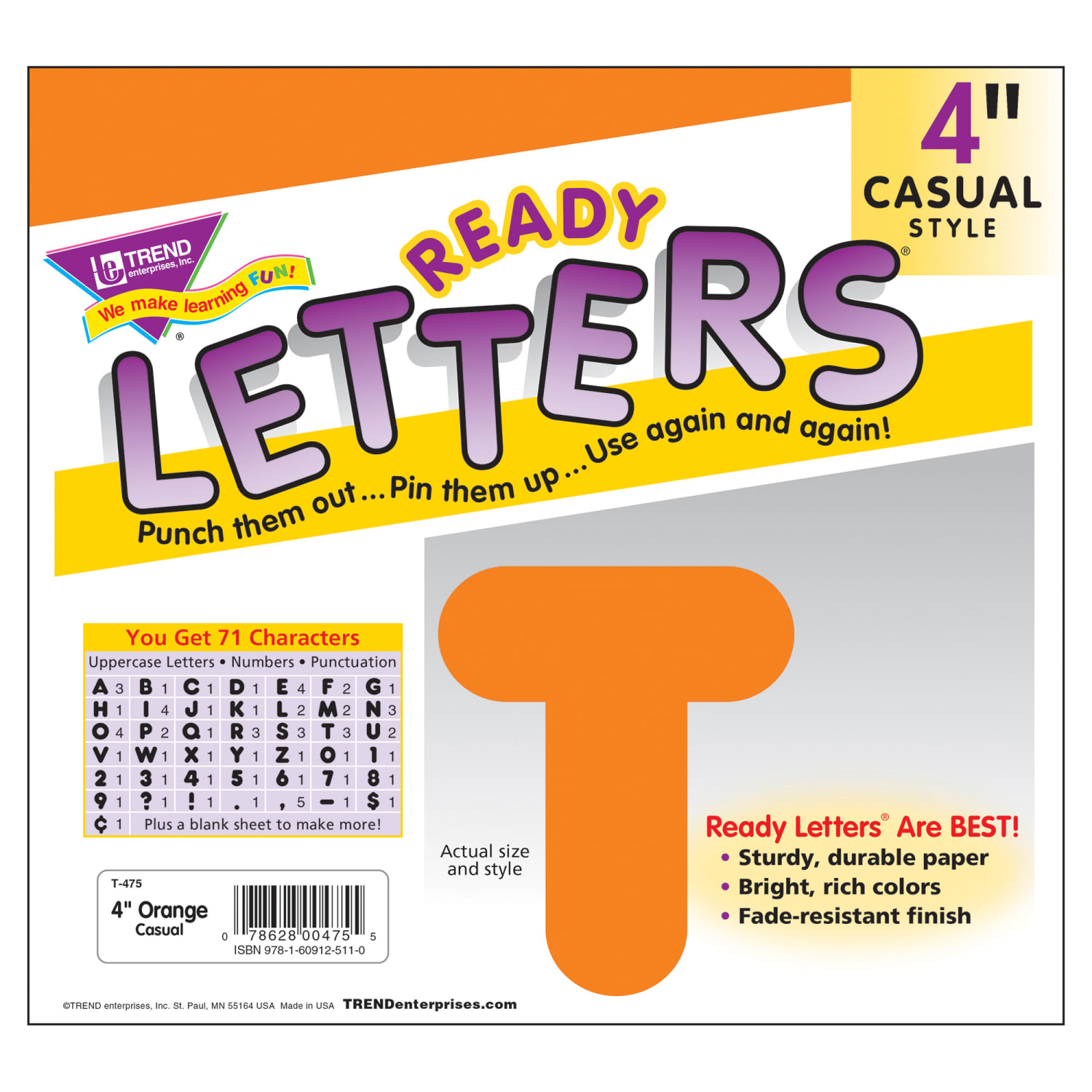 TREND Ready Letters, 4in, Casual Uppercase, Orange, Set Of 6 Packs - Image 4