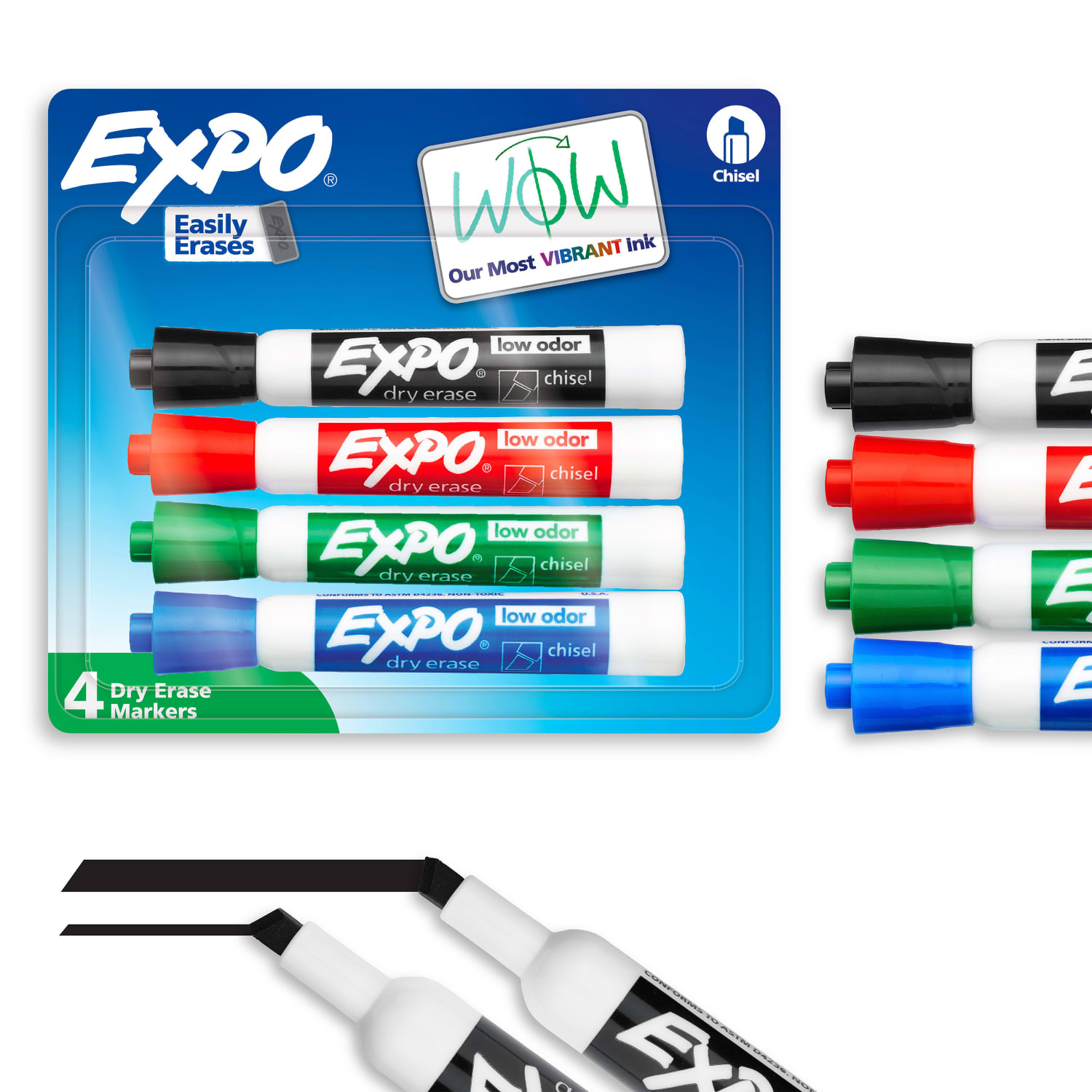 EXPO Low-Odor Dry-Erase Markers, Chisel Point, Assorted Colors, Pack Of 4 Markers