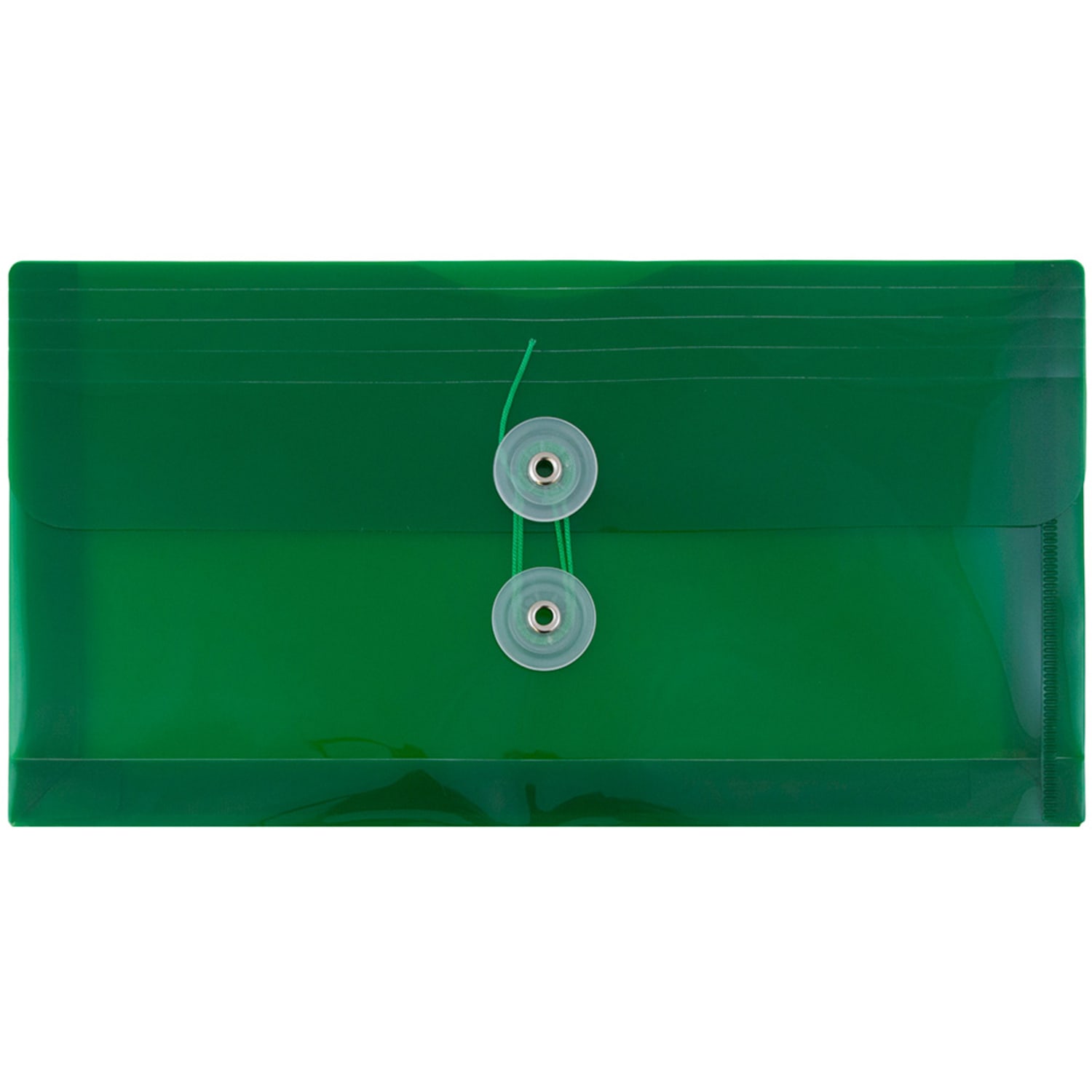 JAM Paper Booklet Plastic Envelopes, #10, Button & String Closure, Green, Pack Of 12