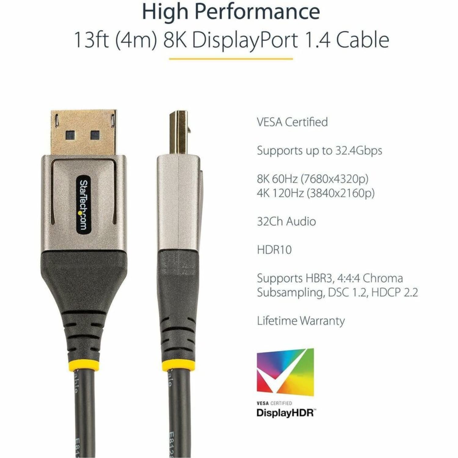 StarTech.com 13ft (4m) VESA Certified DisplayPort 1.4 Cable, 8K 60Hz HDR10, UHD 4K 120Hz Video, DP to DP Monitor Cord, DP 1.4 Cable, M/M - DP14VMM4M - Image 3