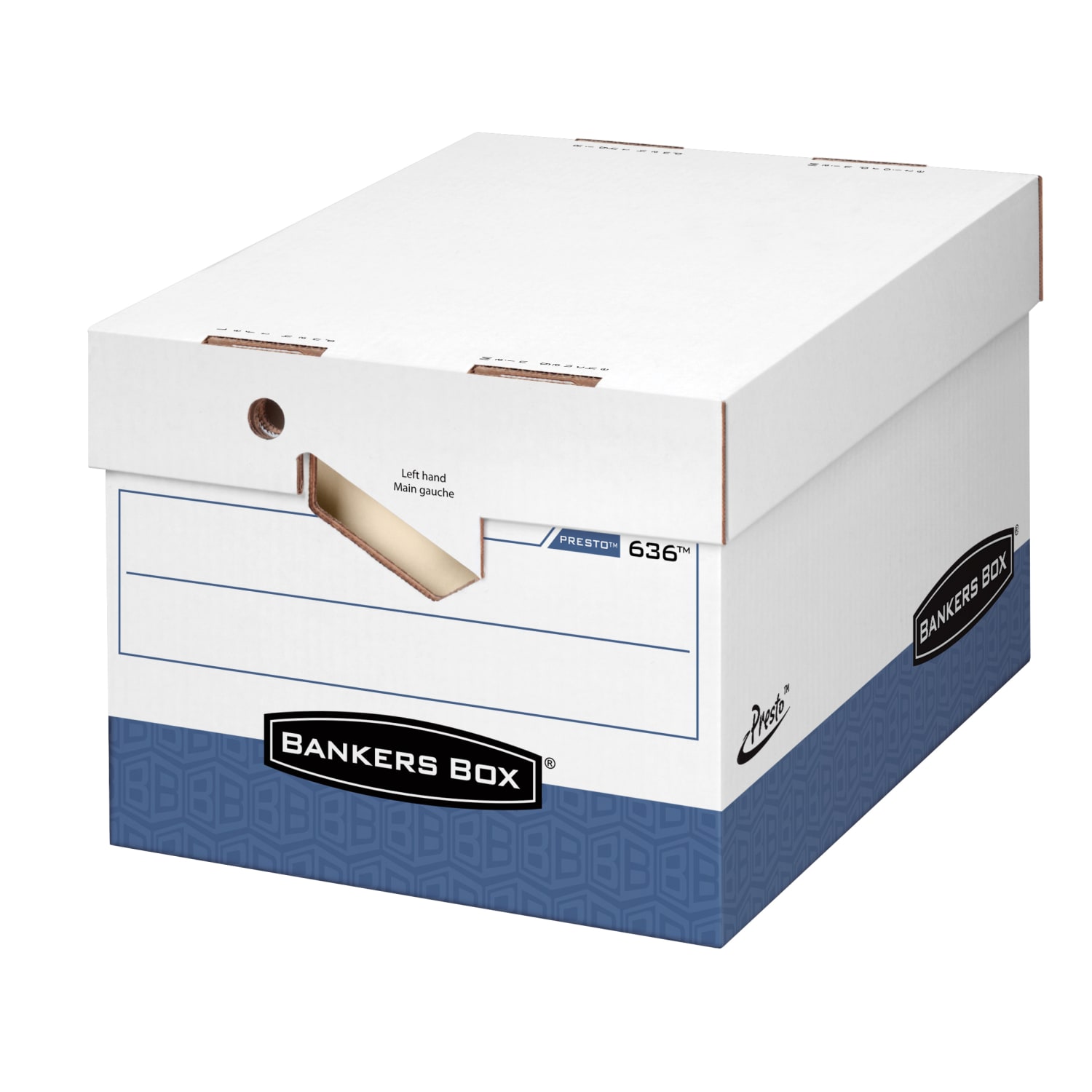 Bankers Box Presto Heavy-Duty Storage Boxes With Locking Lift-Off Lids And Built-In Handles, Letter/Legal Size, 15in x 12in x 10in, 60% Recycled, White/Blue, Case Of 12 - Image 3
