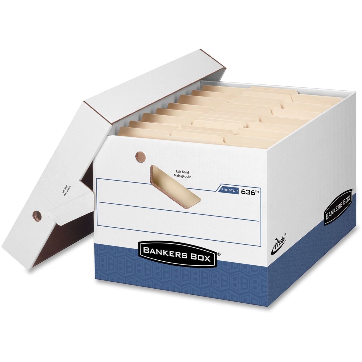 Bankers Box Presto Heavy-Duty Storage Boxes With Locking Lift-Off Lids And Built-In Handles, Letter/Legal Size, 15in x 12in x 10in, 60% Recycled, White/Blue, Case Of 12 - Image 6