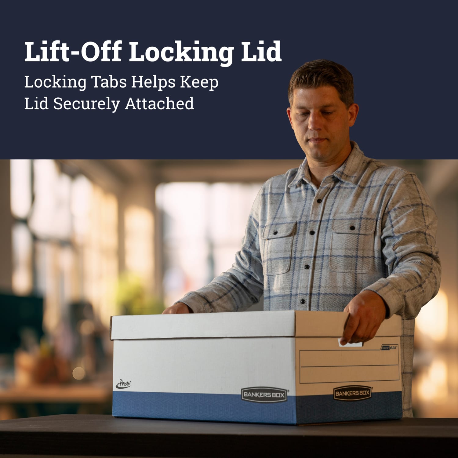 Bankers Box Presto Heavy-Duty Storage Boxes With Locking Lift-Off Lids And Built-In Handles, Letter Size, 24in x 12in x 10in, 60% Recycled, White/Blue, Case Of 12 - Image 5