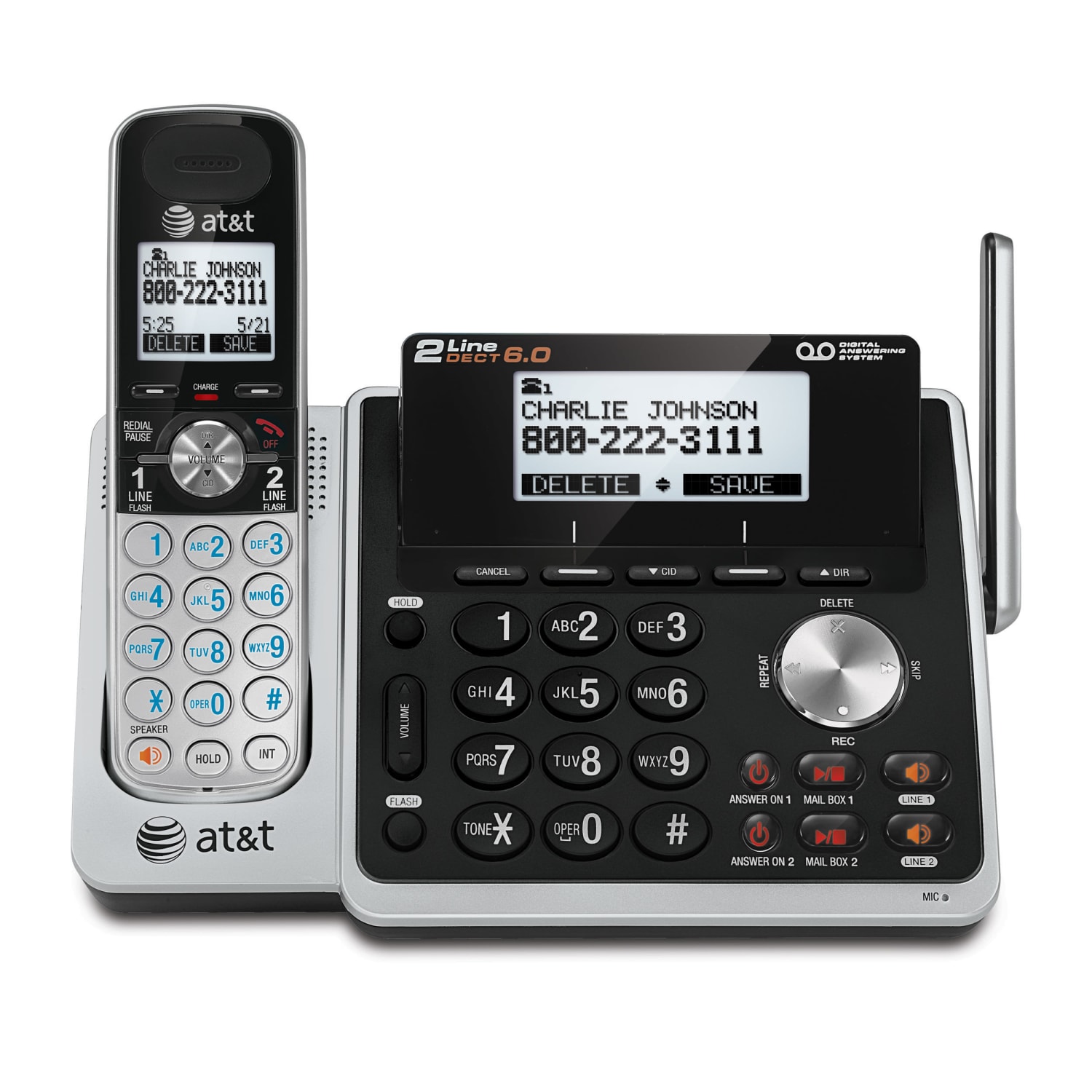 AT&T TL88102 DECT 6.0 Digital 2-Line Cordless Phone With Answering, Silver/Black - Image 3