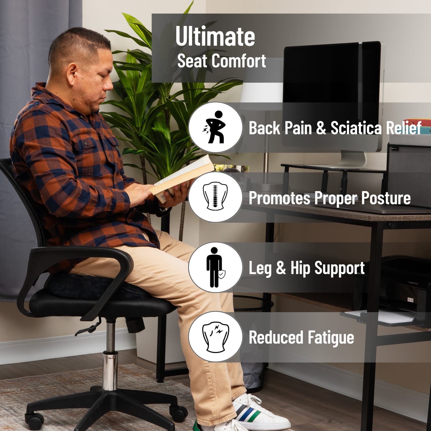 Mind Reader Ergonomic Orthopedic Seat Cushion, Memory Foam, 2-3/4inH x 13-1/2inW x 18inL, Black - Image 3