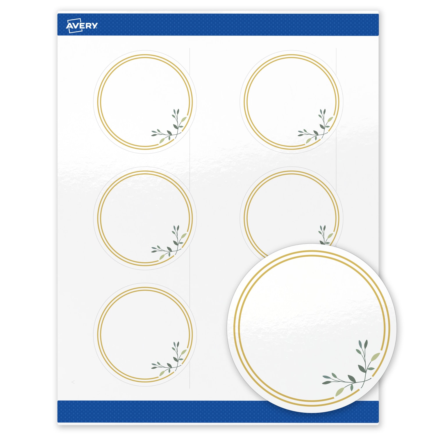 Avery Print-To-The-Edge Labels & Sure Feed, S00-DMR-PRWGP10, 3in Round, Glossy White, Preprinted Double Gold Border & Floral Design, Pack Of 60 - Image 3