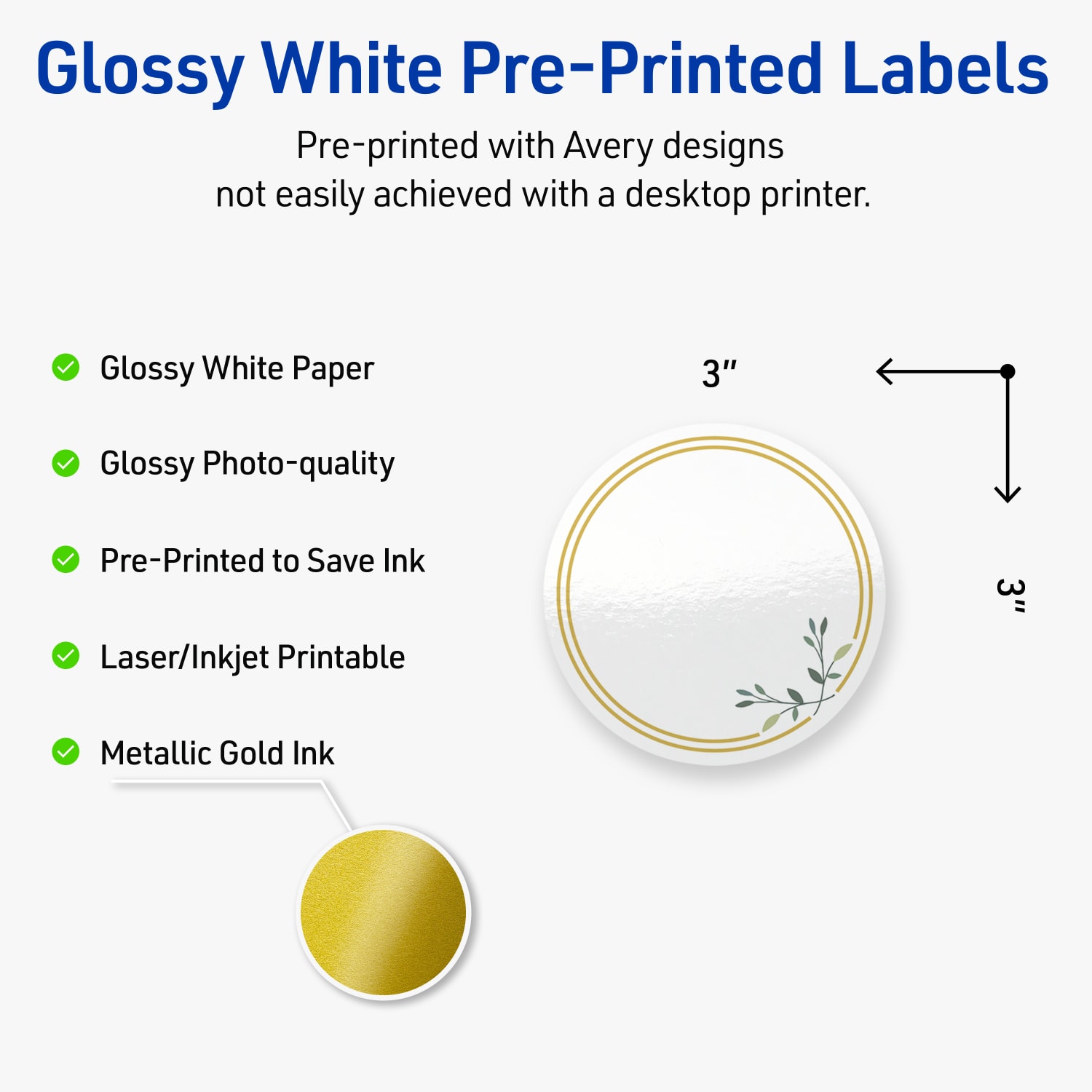 Avery Print-To-The-Edge Labels & Sure Feed, S00-DMR-PRWGP10, 3in Round, Glossy White, Preprinted Double Gold Border & Floral Design, Pack Of 60 - Image 4