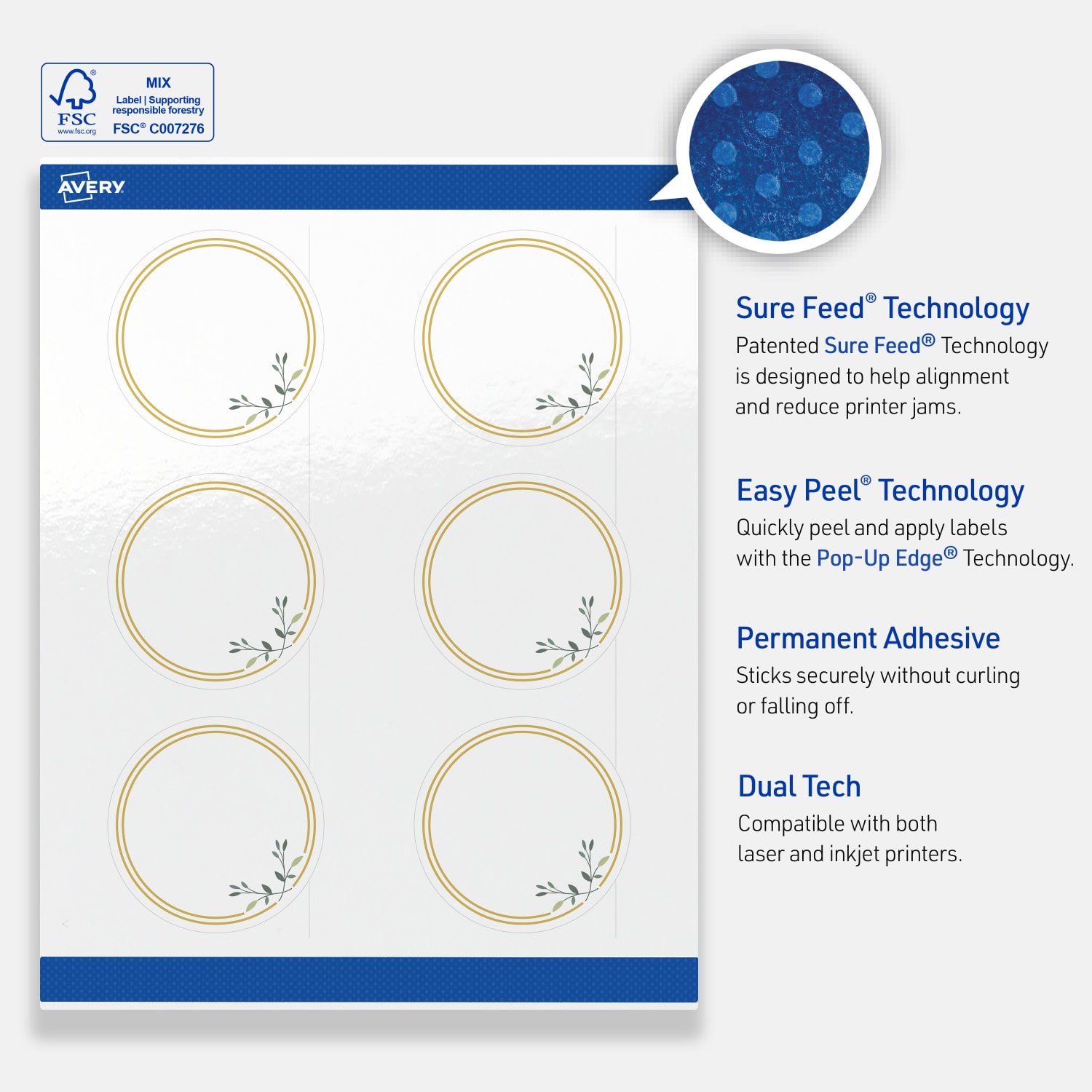 Avery Print-To-The-Edge Labels & Sure Feed, S00-DMR-PRWGP10, 3in Round, Glossy White, Preprinted Double Gold Border & Floral Design, Pack Of 60 - Image 5
