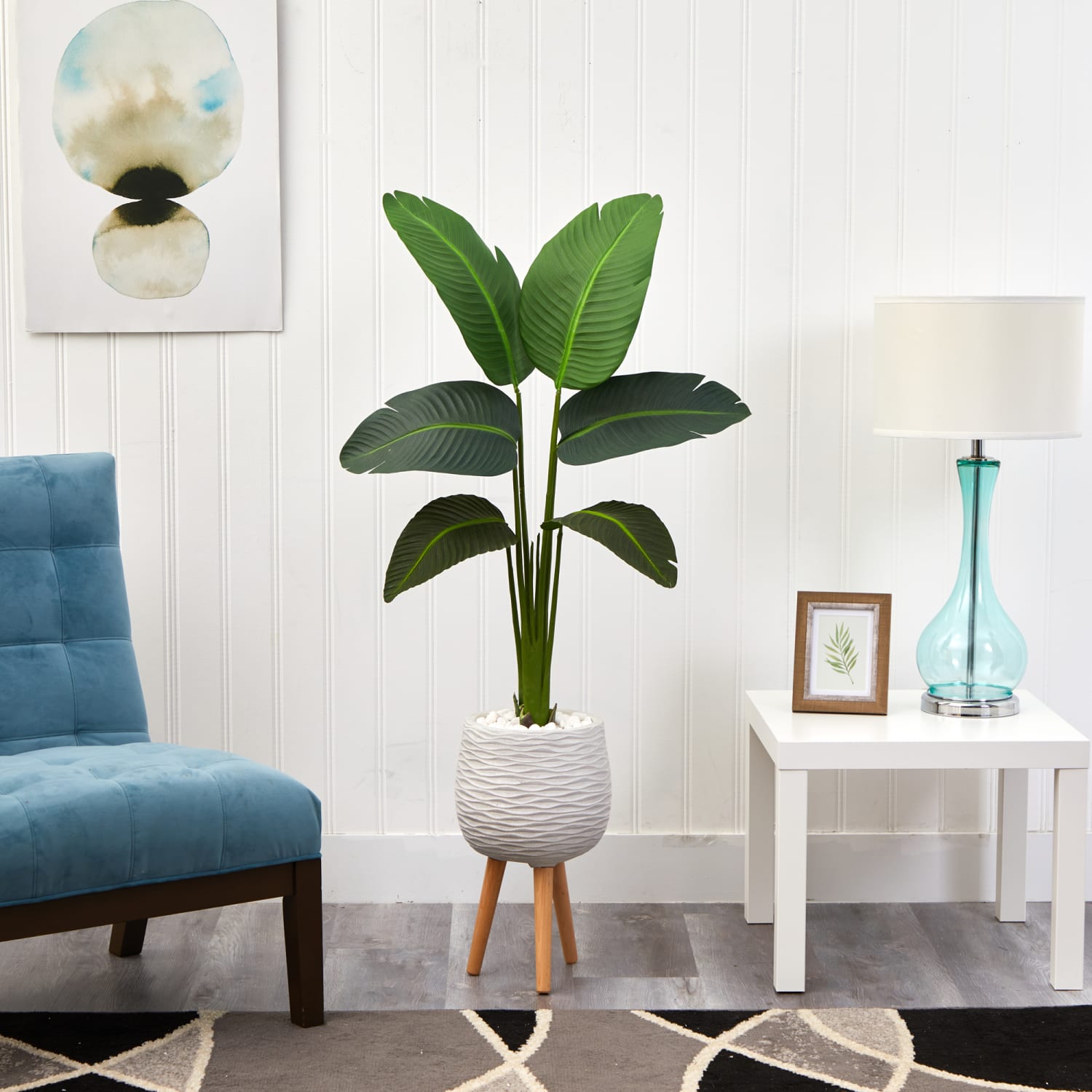 Nearly Natural Traveler's Palm 60inH Artificial Plant With Stand Planter, 60inH x 17inW x 15inD, Green/White - Image 4