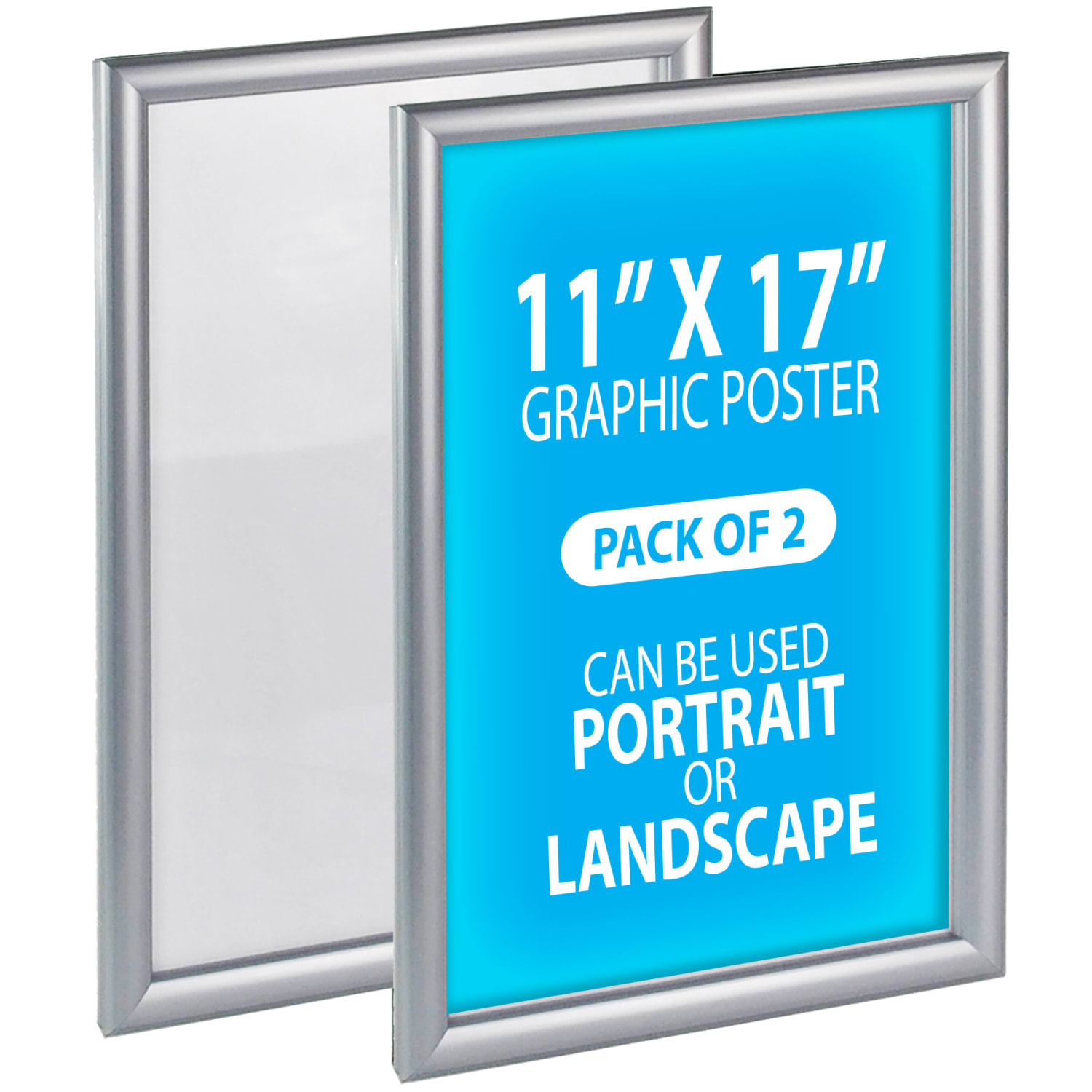 Azar Displays Wall Mount Snap Plastic Vertical/Horizontal Poster Frames, 17inH x 11inW x 3/4inD, Silver, Pack Of 2 Frames