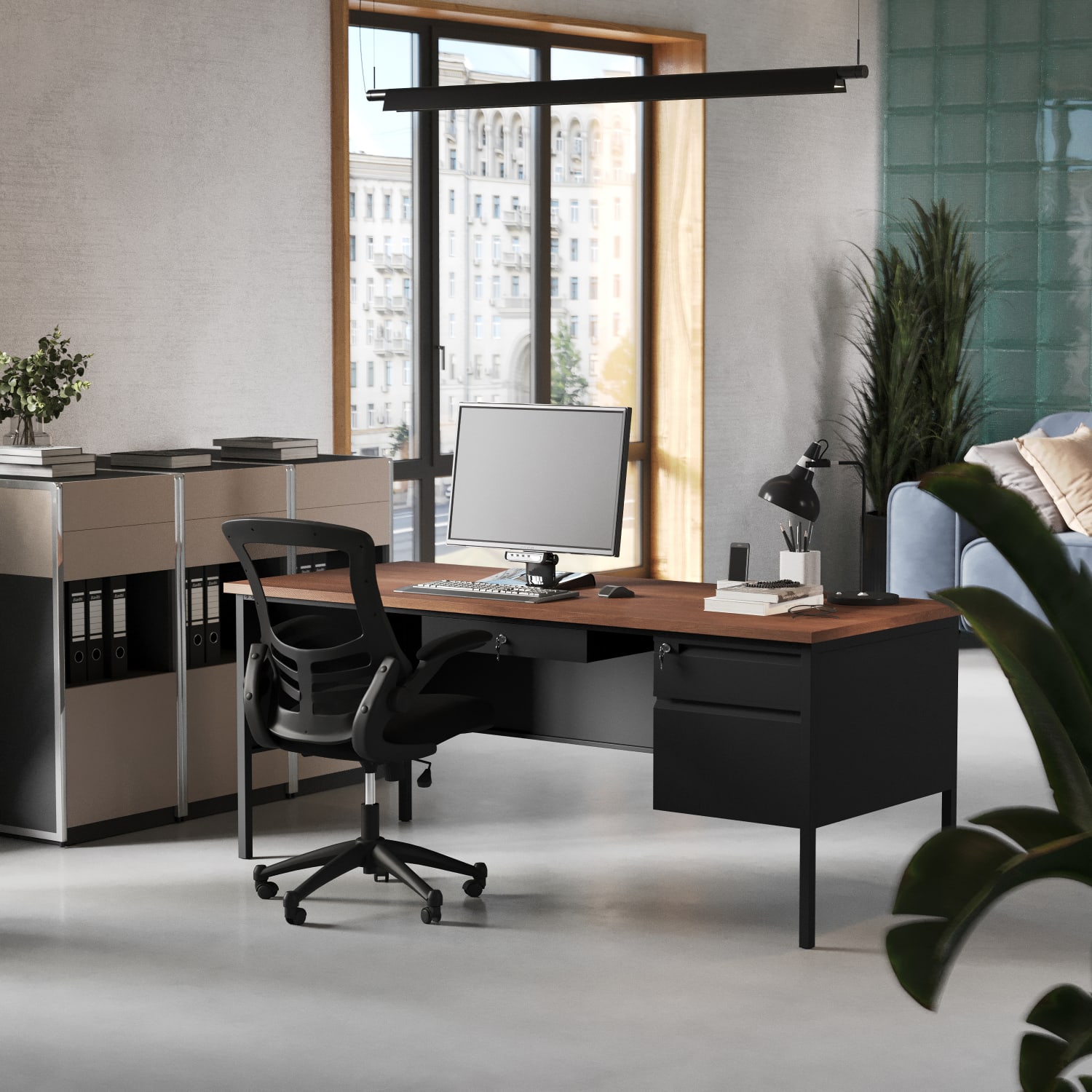 Flash Furniture Cambridge Commercial Grade Single Pedestal 70inW x 30inD Desk with Locking Drawers and Metal Frame, Walnut - Image 5