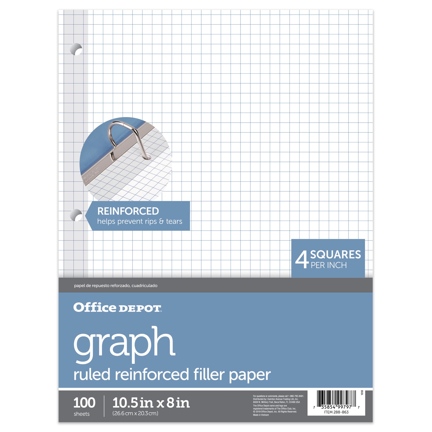 Office Depot Brand Reinforced Filler Paper, 8in x 10-1/2in, Quadrille Ruled, White, Pack Of 100 Sheets