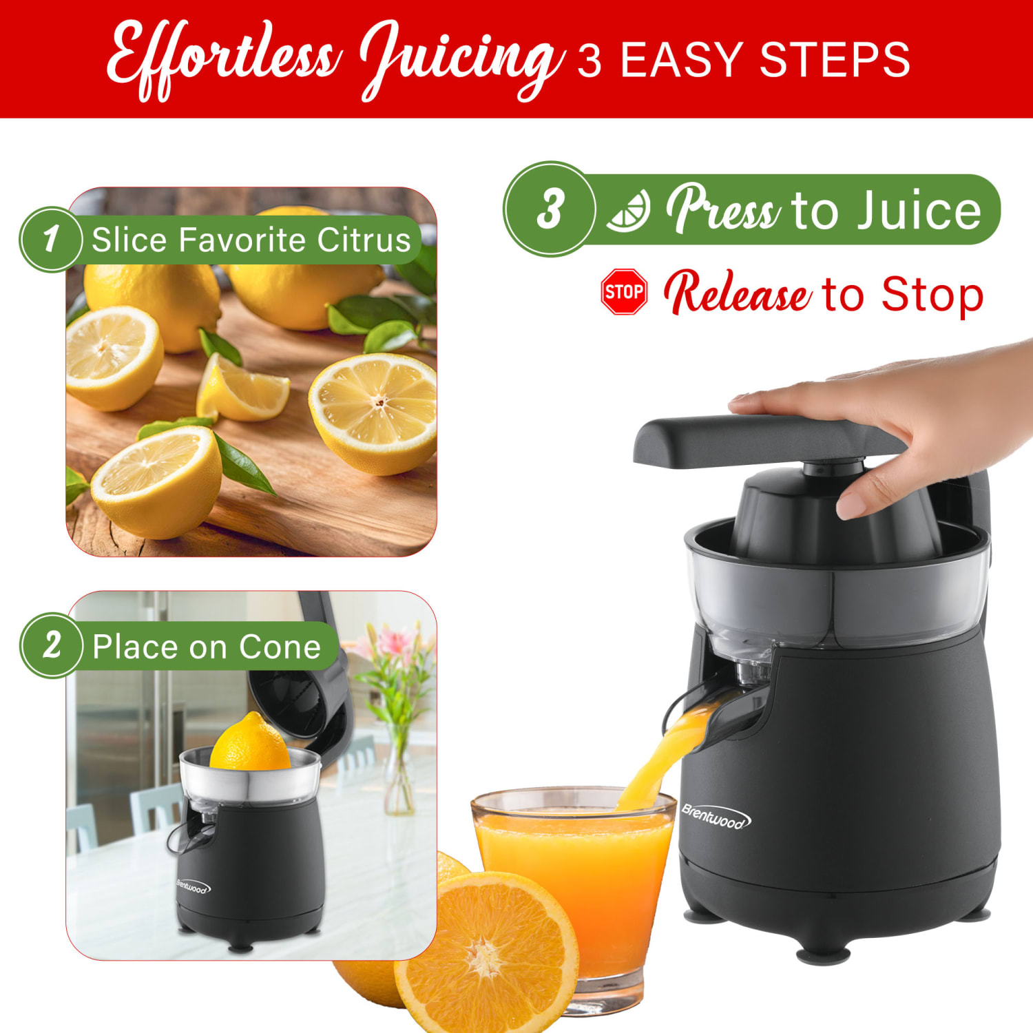 Brentwood 80-Watt Electric Citrus Juicer with Ergonomic Lever, Black - Image 5