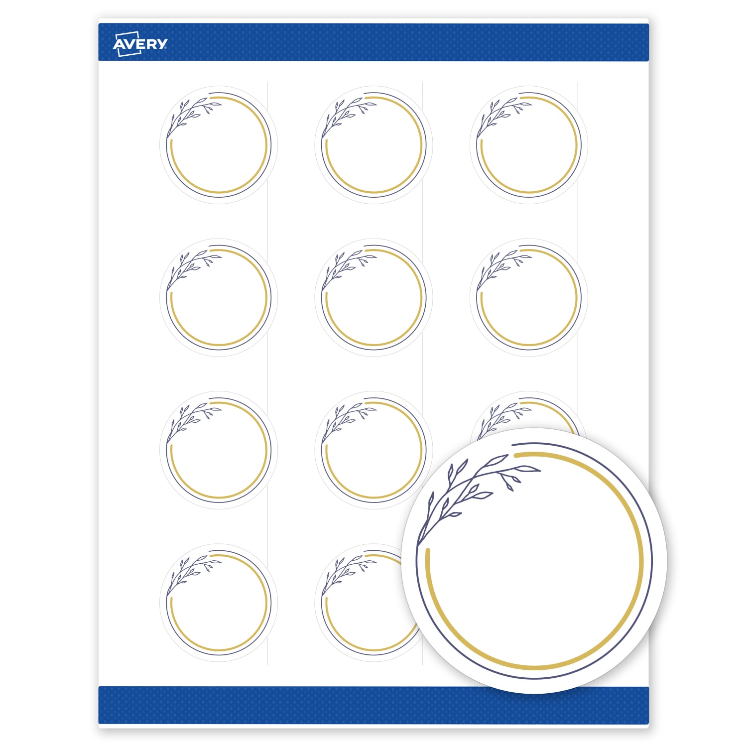 Avery Print-To-The-Edge Labels & Sure Feed, S00-D2Z-PRWMP10, 2in Round, Matte White, Preprinted Gold & Navy Border & Floral Design, Pack Of 120 - Image 3