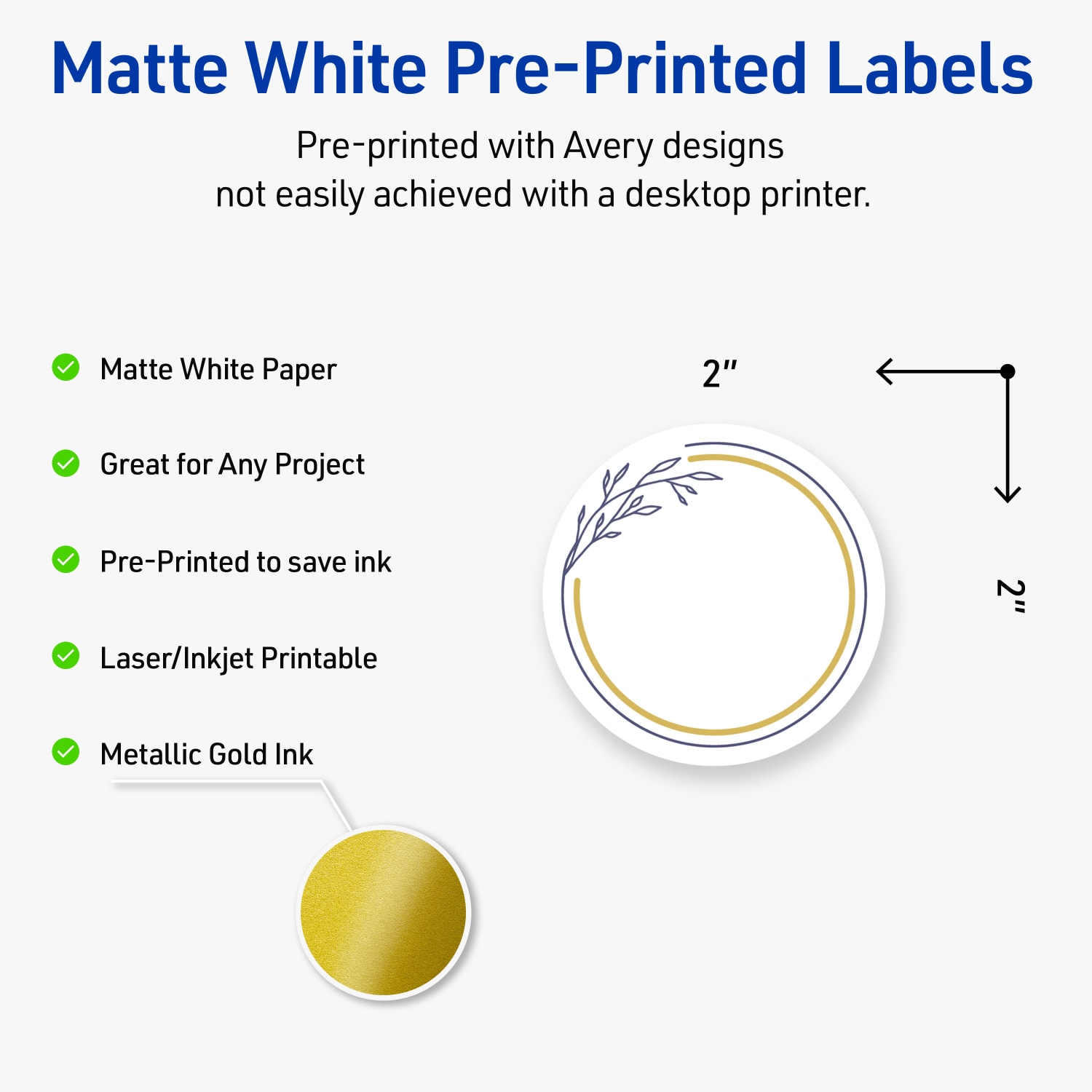 Avery Print-To-The-Edge Labels & Sure Feed, S00-D2Z-PRWMP10, 2in Round, Matte White, Preprinted Gold & Navy Border & Floral Design, Pack Of 120 - Image 4