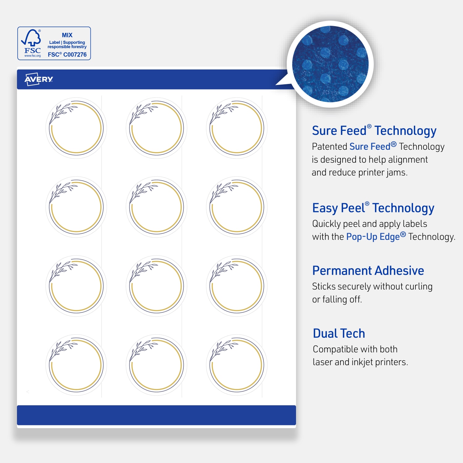 Avery Print-To-The-Edge Labels & Sure Feed, S00-D2Z-PRWMP10, 2in Round, Matte White, Preprinted Gold & Navy Border & Floral Design, Pack Of 120 - Image 5