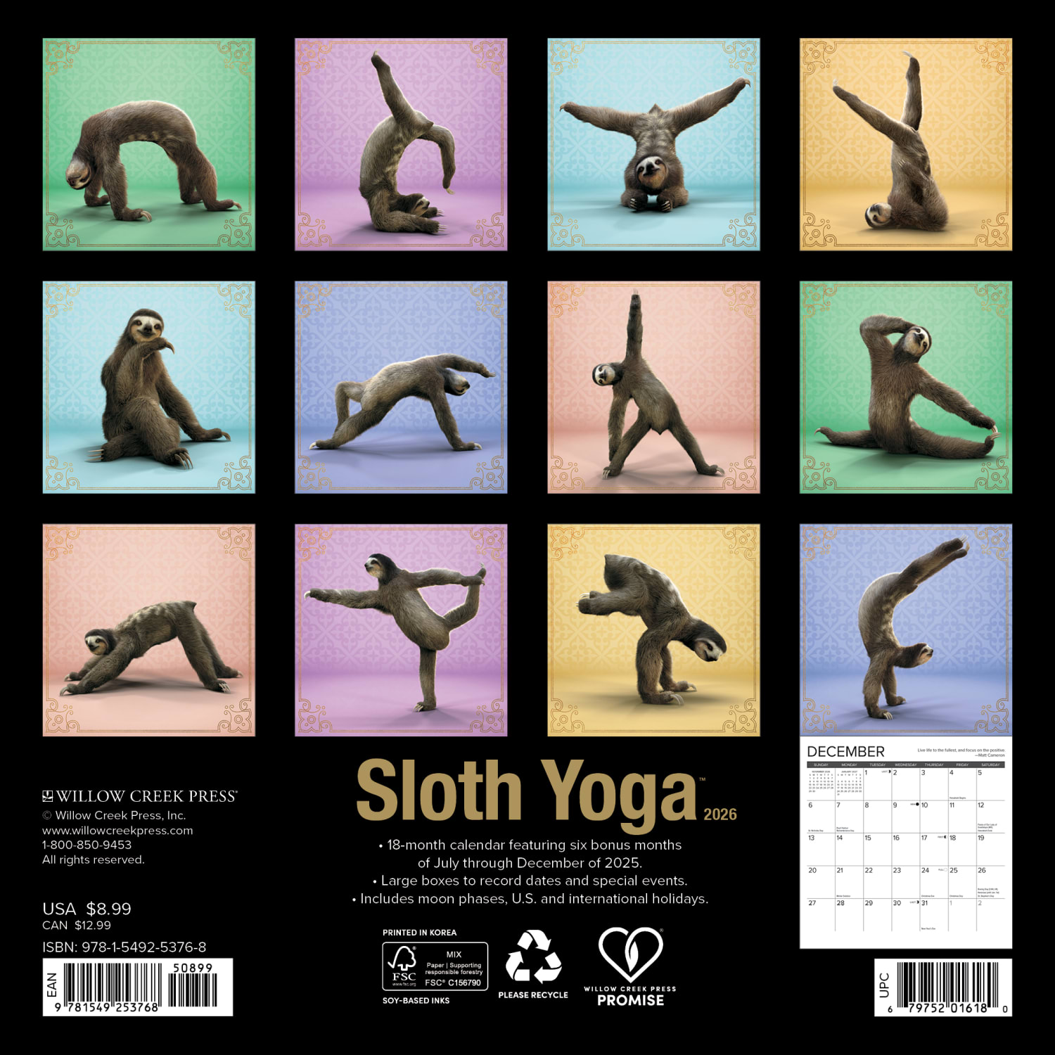 2026 Willow Creek Press Monthly Mini Wall Calendar, 7in x 7in, Sloth Yoga, January To December, 53768 - Image 3