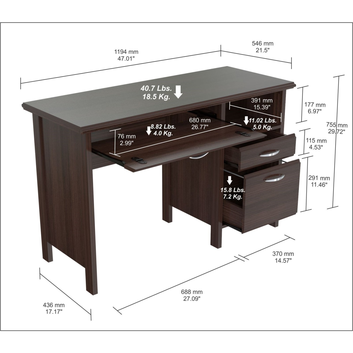Inval Contemporary 47inW Computer Desk, Espresso-Wengue - Image 6