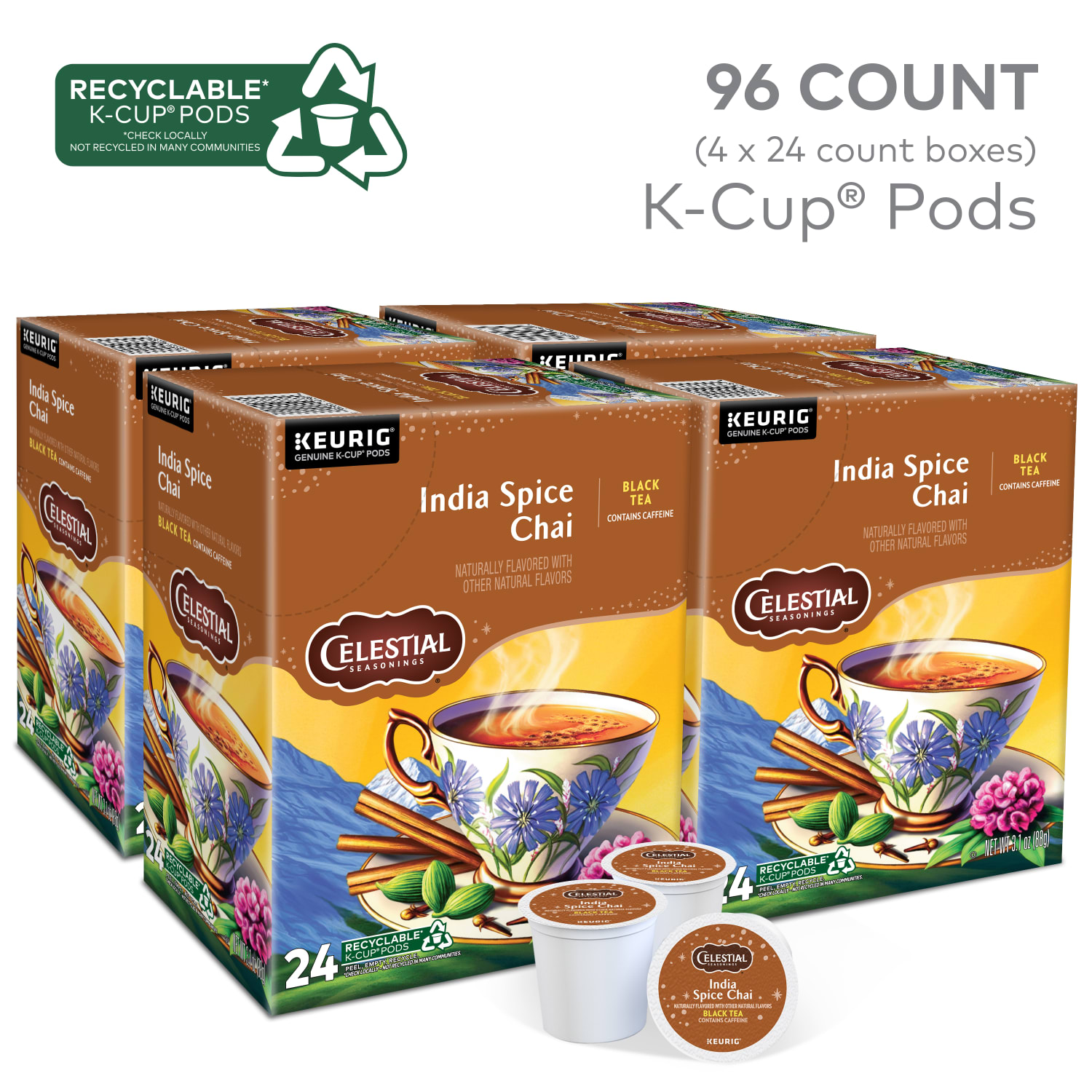 Celestial Seasonings India Spice Chai Keurig Single Serve K-Cup Pods, 24 Pods Per Pack, Case Of 4 Packs - Image 3