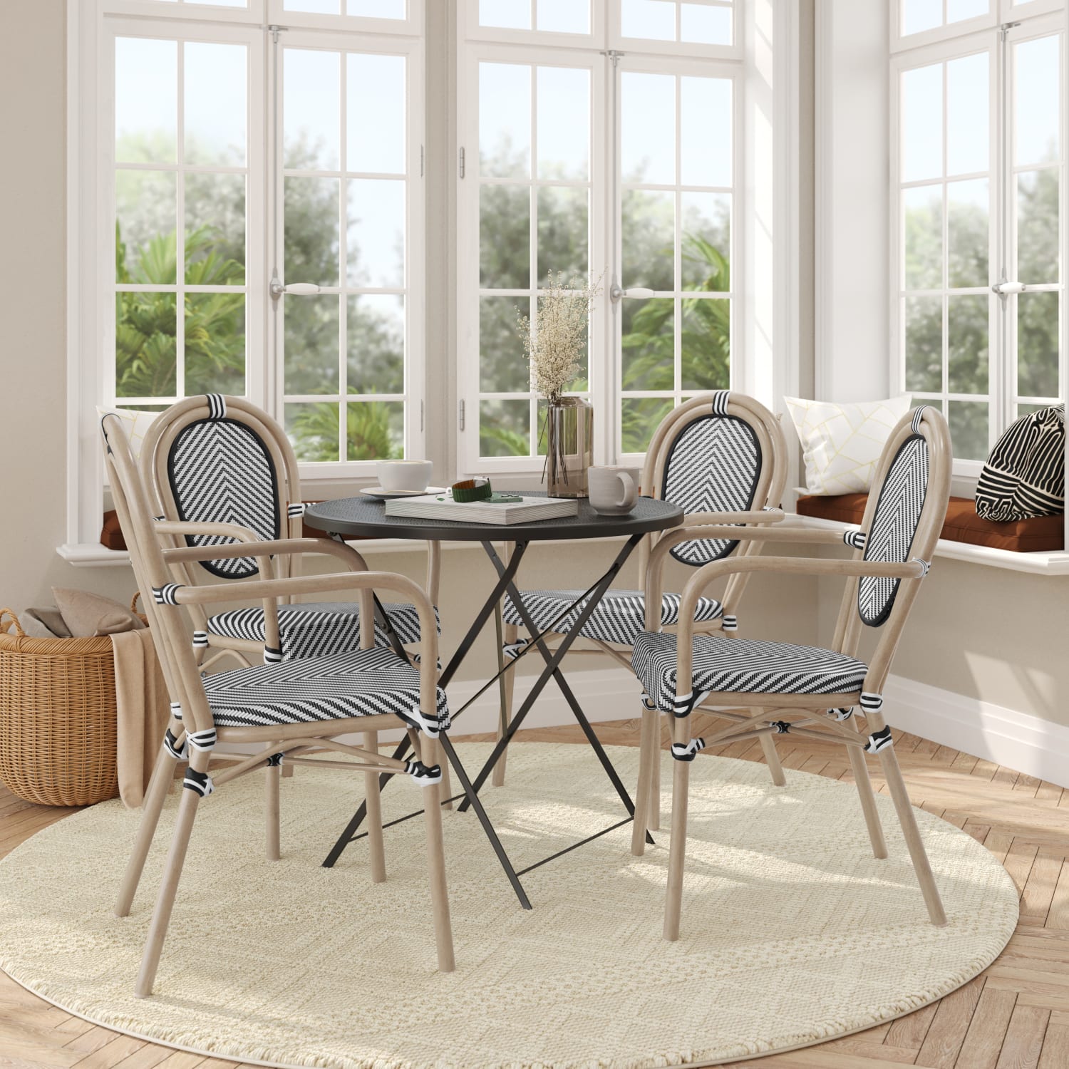 Flash Furniture 4 Pack Marseille Indoor/Outdoor Commercial Thonet Bistro Stacking Chair with Arms, Black & White/Light Natural Frame -4SDA6422ATXTBWL - Image 4