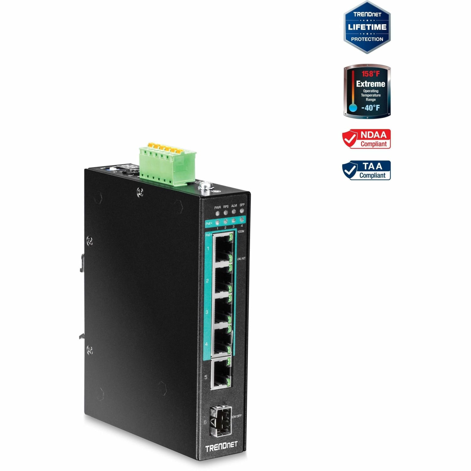 TRENDnet 5-Port Hardened Industrial Gigabit PoE+ DIN-Rail Switch, 120W Power Budget, 1x SFP Slot, IP30 Rated - Image 3