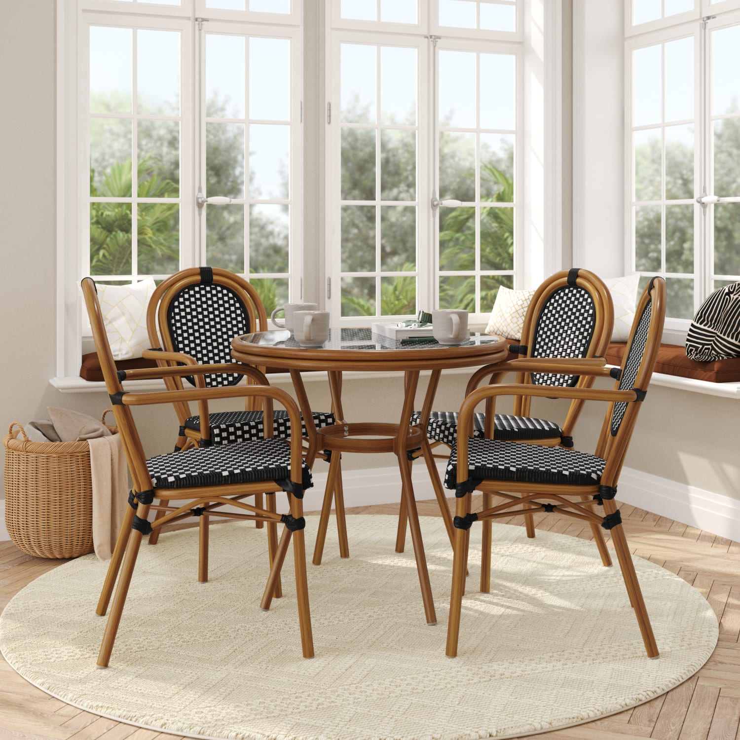 Flash Furniture Lourdes Indoor/Outdoor Commercial Bistro 31.5in Table, 4 Stack Chairs, Black & White Rattan/Natural Frame, SDA64280402ABWN - Image 3
