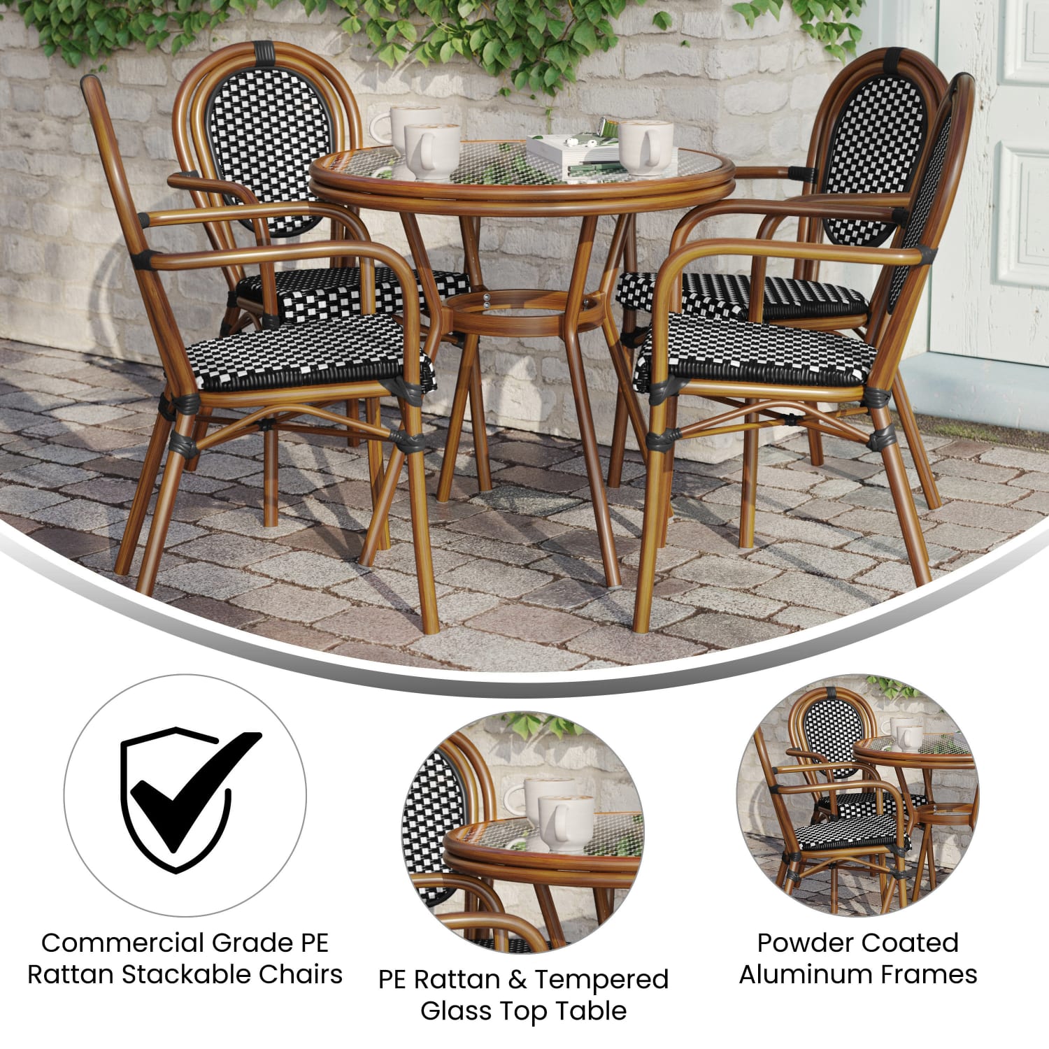 Flash Furniture Lourdes Indoor/Outdoor Commercial Bistro 31.5in Table, 4 Stack Chairs, Black & White Rattan/Natural Frame, SDA64280402ABWN - Image 4