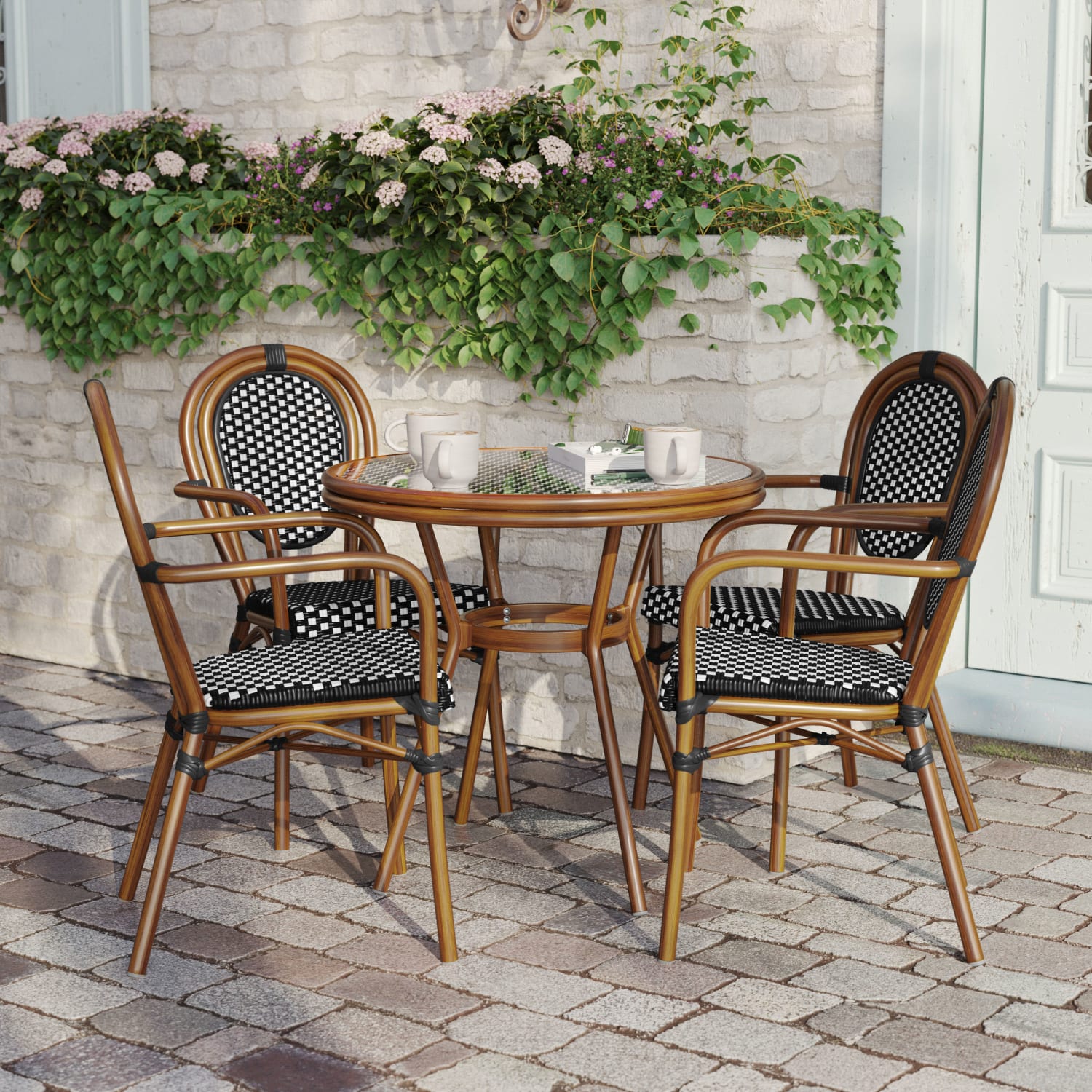 Flash Furniture Lourdes Indoor/Outdoor Commercial Bistro 31.5in Table, 4 Stack Chairs, Black & White Rattan/Natural Frame, SDA64280402ABWN - Image 5
