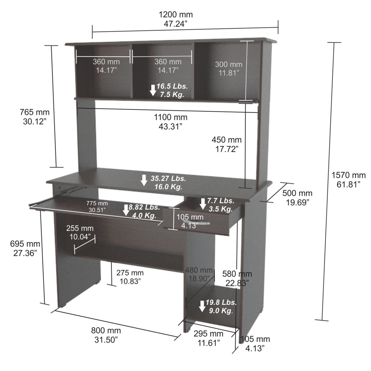 Inval Computer Workcenter With Hutch, Espresso-Wengue - Image 6