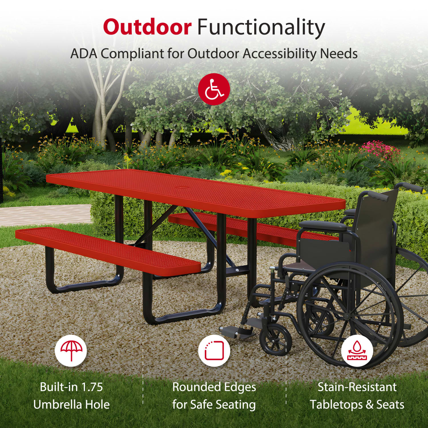 Leisure Craft Rectangle ADA Outdoor Picnic Table, 29-11/16inH x 96inW x 62inD, Black/Red - Image 4