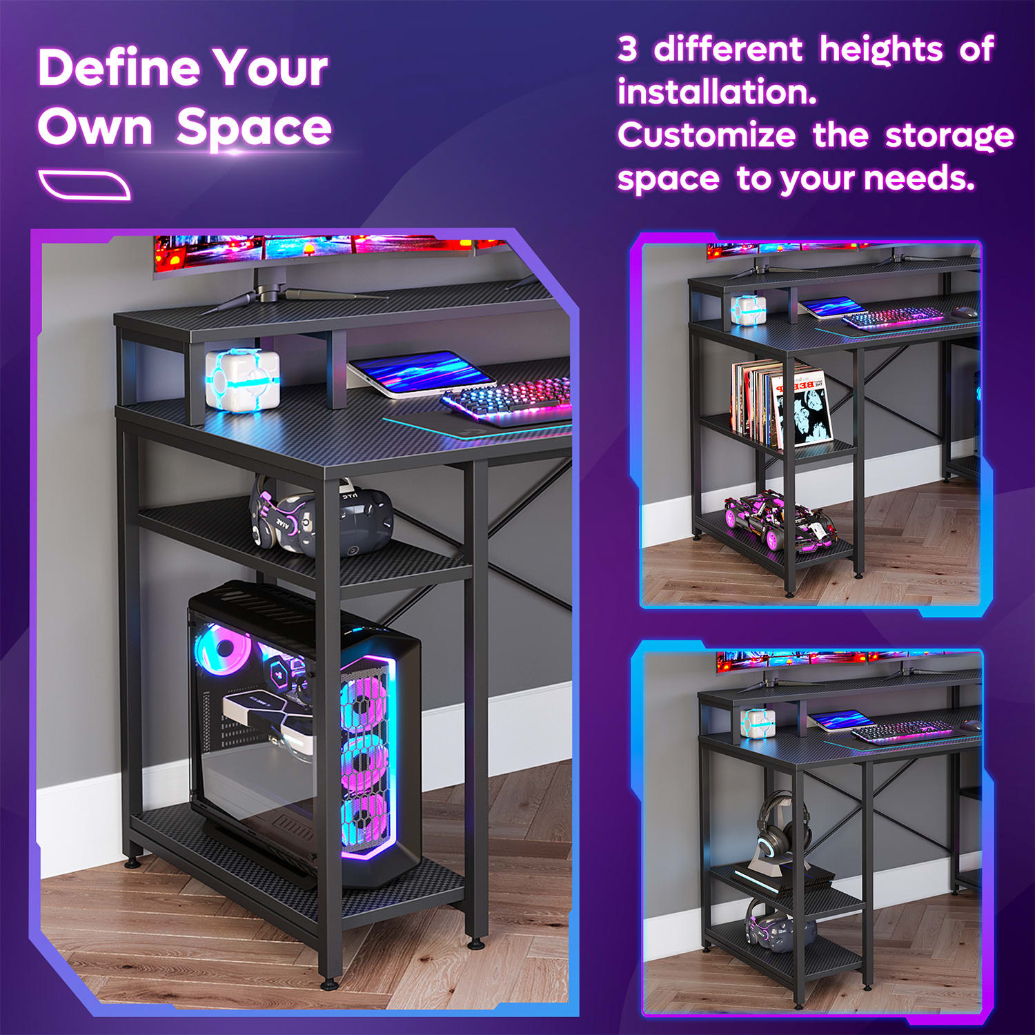 Bestier 56inW Student Desk With Monitor Stand & Storage Shelf, Black Carbon Fiber - Image 4