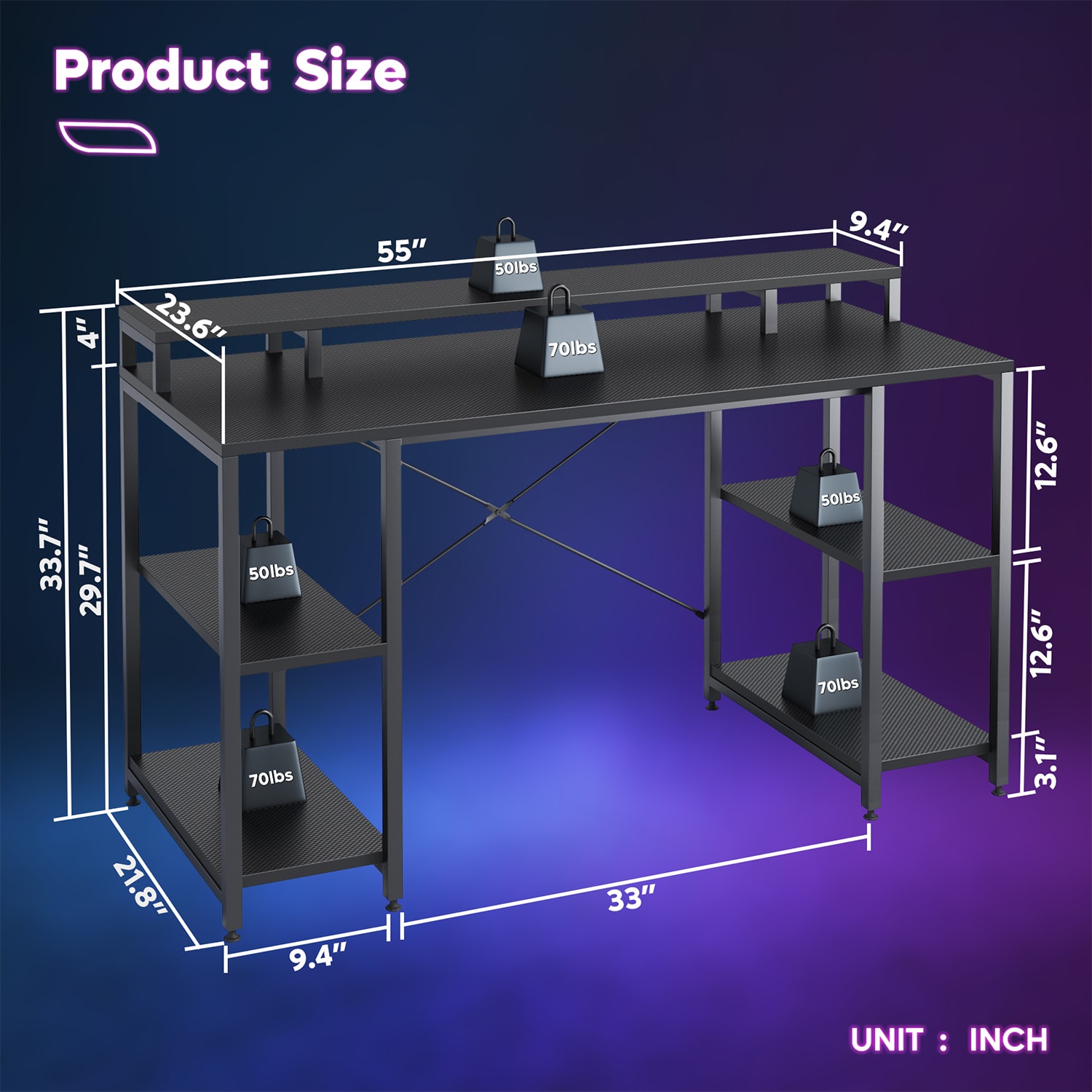 Bestier 56inW Student Desk With Monitor Stand & Storage Shelf, Black Carbon Fiber - Image 6