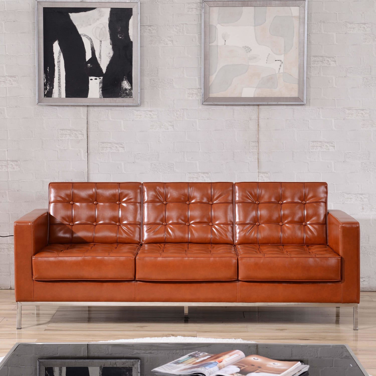 Flash Furniture HERCULES Lacey Series Contemporary Button Tufted Leathersoft Sofa with Integrated Stainless Steel Frame, Cognac - Image 3
