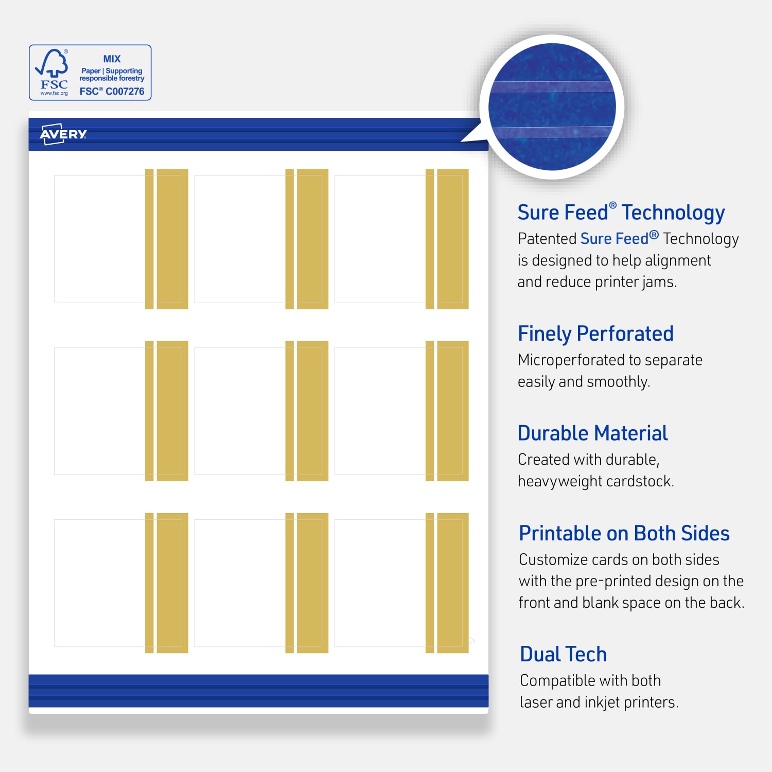 Avery Printable Cards With Sure Feed Technology, 2-1/2in x 2-1/2in, Matte White With Preprinted Gold Double-Dipped Edge, Pack Of 90 - Image 5