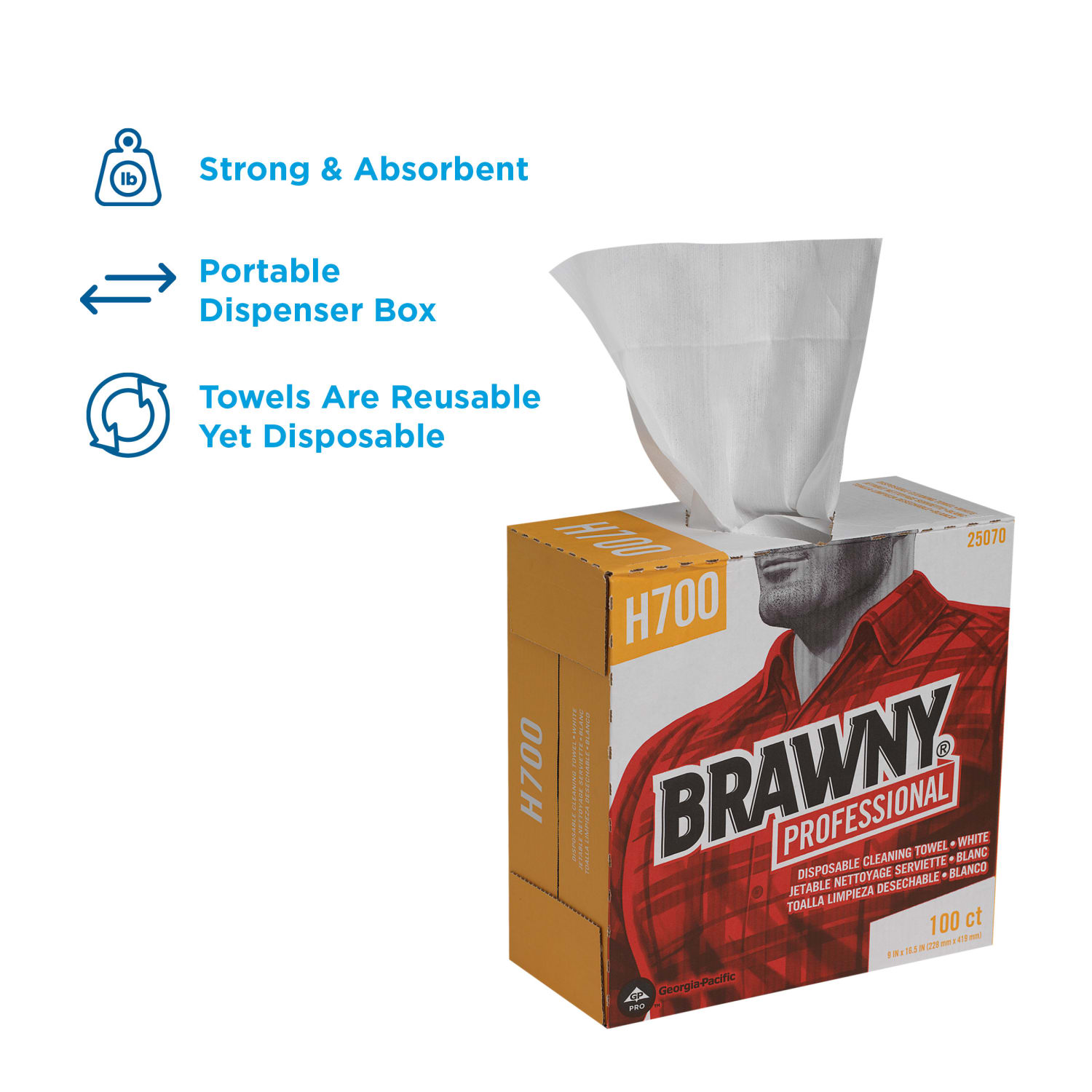 Brawny Professional by GP PRO H700 Disposable Cleaning Towels, Tall Box, White, 100/box - Image 4