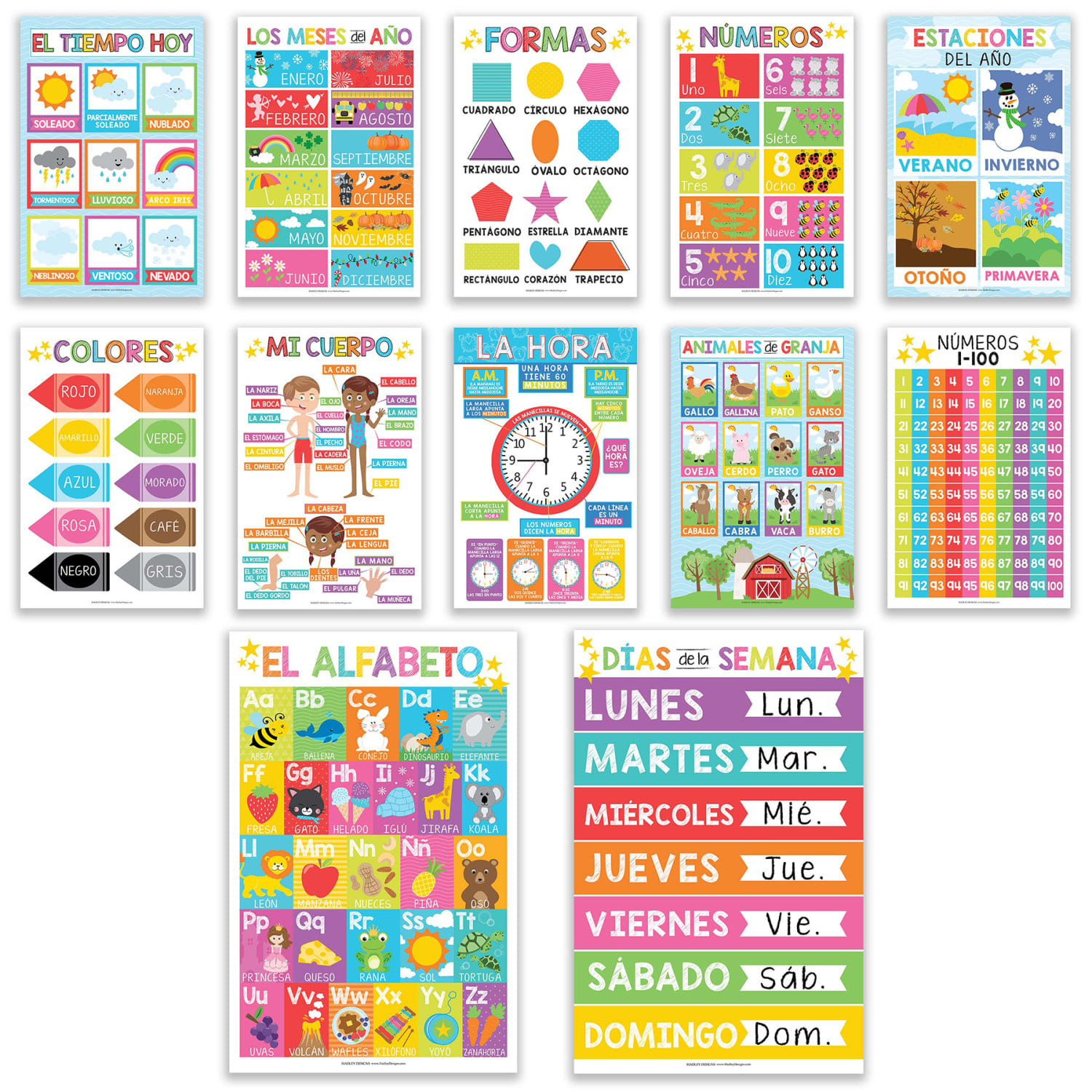 Hadley Designs Laminated Posters, Colorful Spanish Preschool Educational, Set Of 12