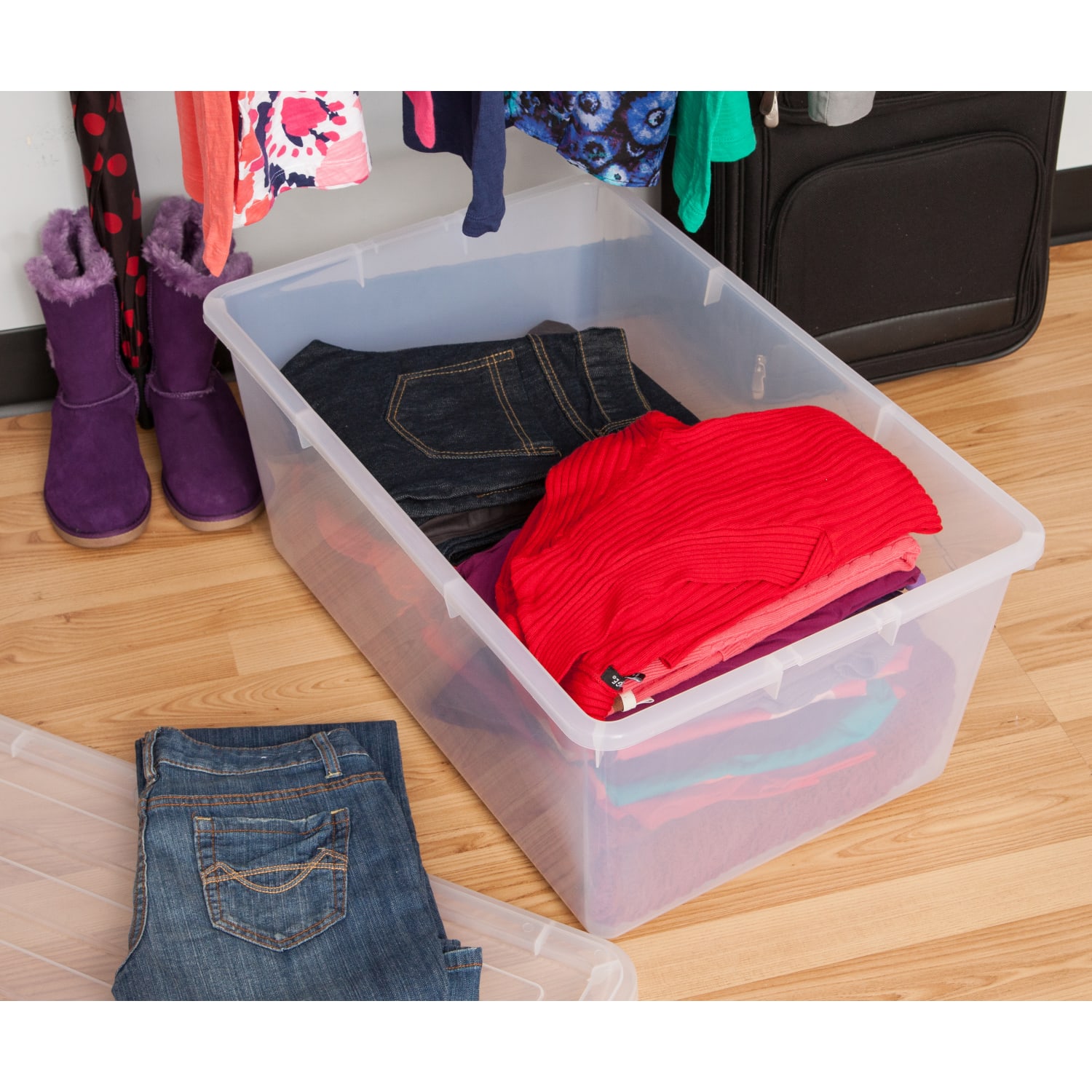 IRIS Buckle Down Plastic Storage Container With Built-In Handles And Snap Lid, 68 Quarts, 11 3/4in x 17 1/4in x 26 1/8in, Clear - Image 6