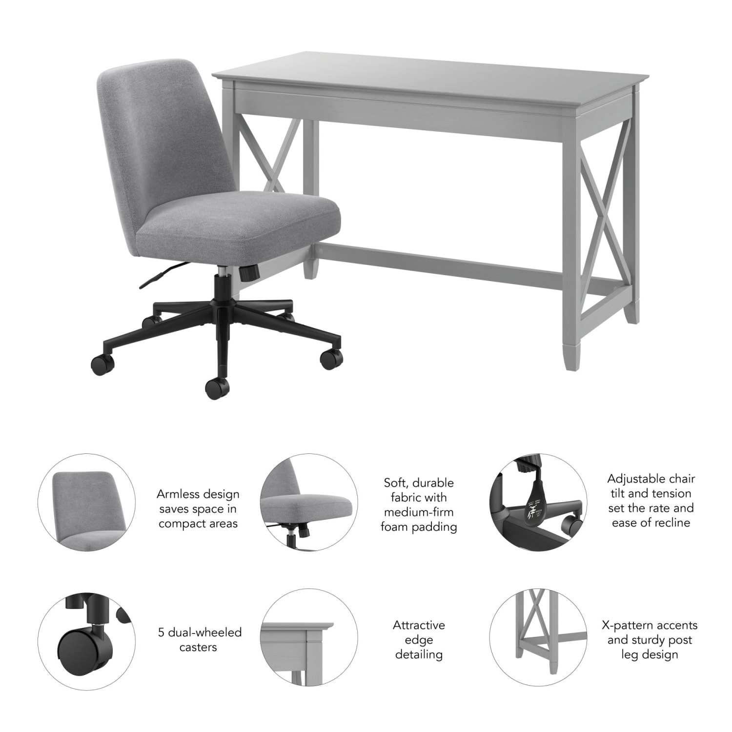 Bush Furniture Key West 48inW x 24inD Writing Desk and Chair Set, Cape Cod Gray, Standard Delivery Service - Image 3