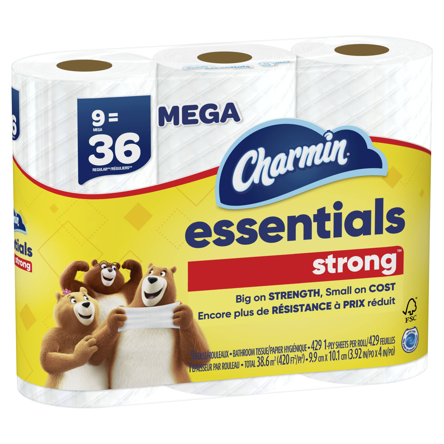 Charmin Essentials Strong Mega 2-Ply Toilet Paper Rolls, 4in x 4-1/2in, White, 429 Sheets Per Roll, Pack Of 9 Rolls - Image 3