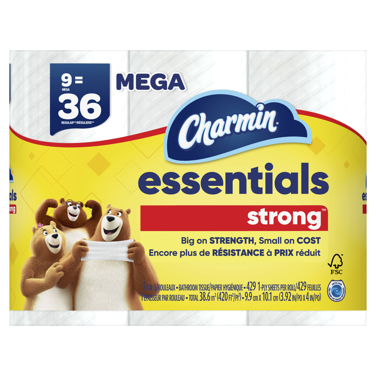 Charmin Essentials Strong Mega 2-Ply Toilet Paper Rolls, 4in x 4-1/2in, White, 429 Sheets Per Roll, Pack Of 9 Rolls - Image 4