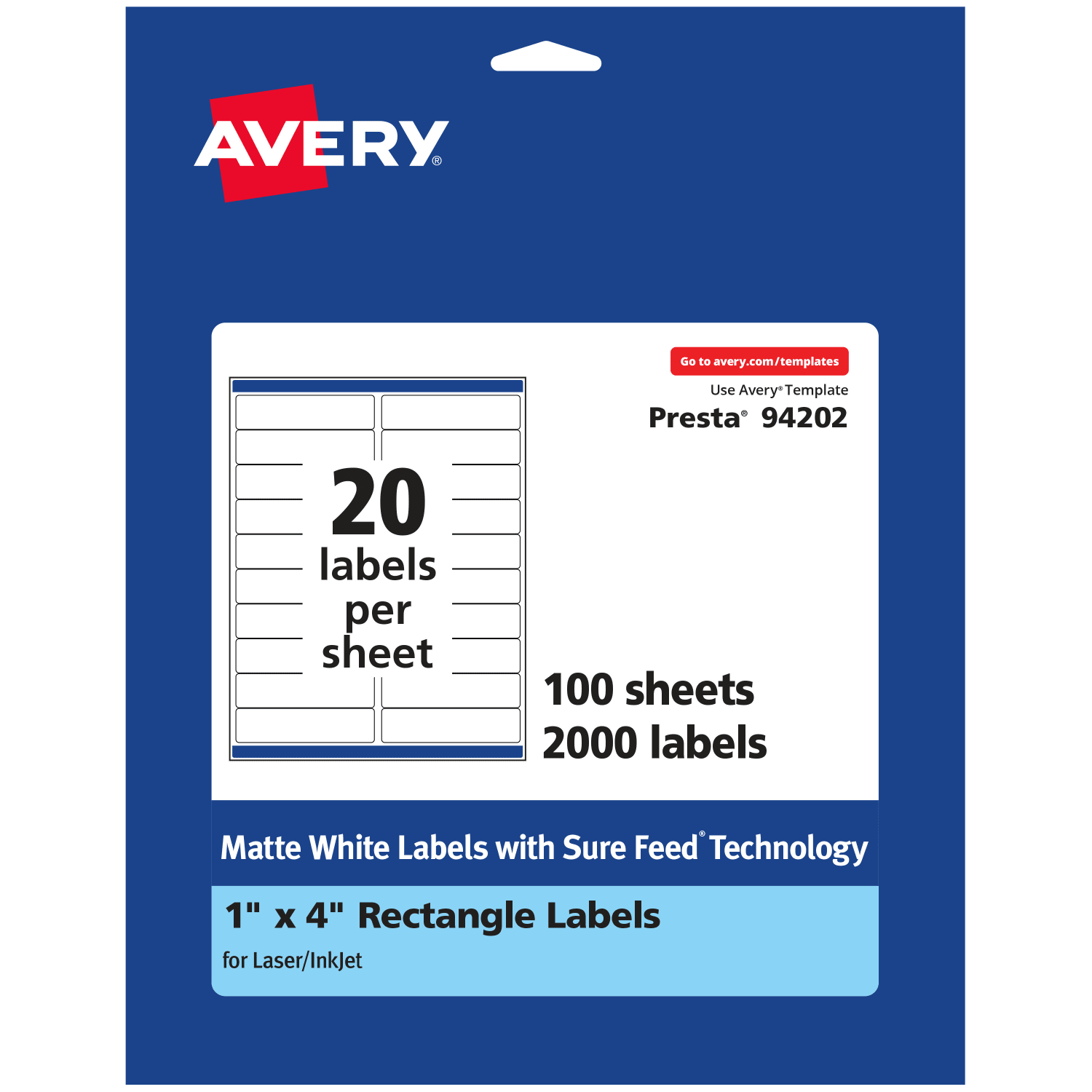 Avery Permanent Labels With Sure Feed, 94202-WMP100, Rectangle, 1in x 4in, White, Pack Of 2,000