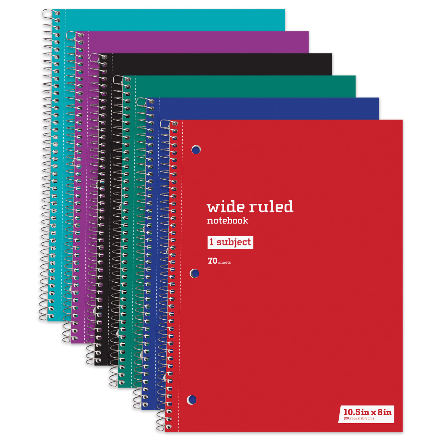 Just Basics Wirebound Notebook, 8in x 10-1/2in, Wide Ruled, 70 Sheets, Assorted Colors, Pack Of 6